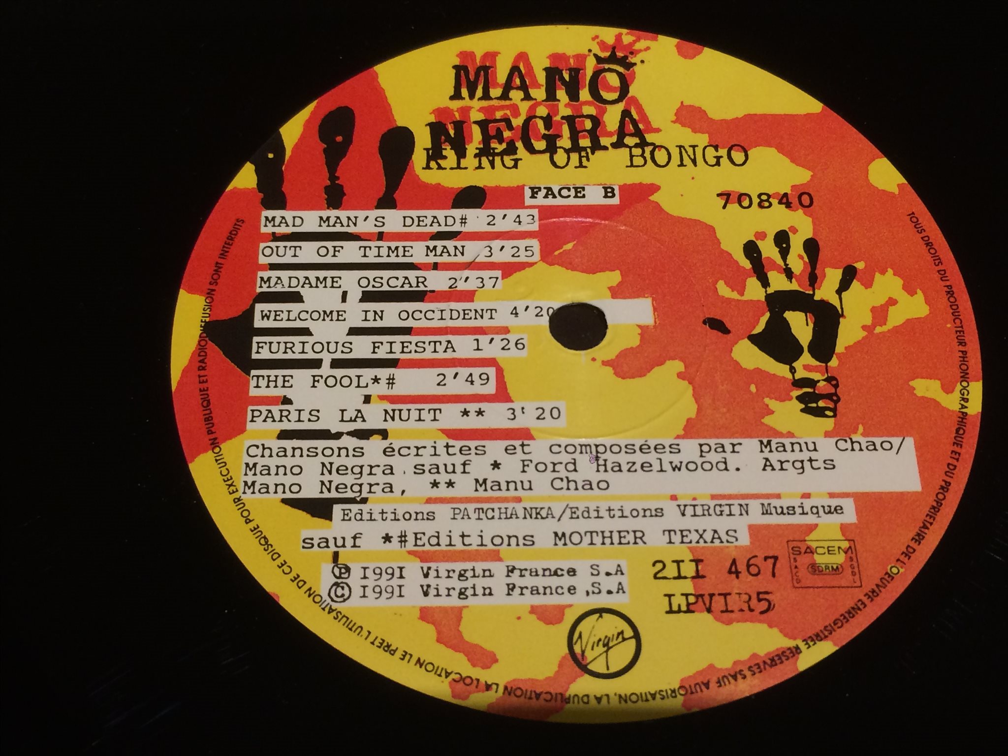 Omslagsbild för skivan MANO NEGRA King Of Bongo LP -91 France VIRGIN 70840 