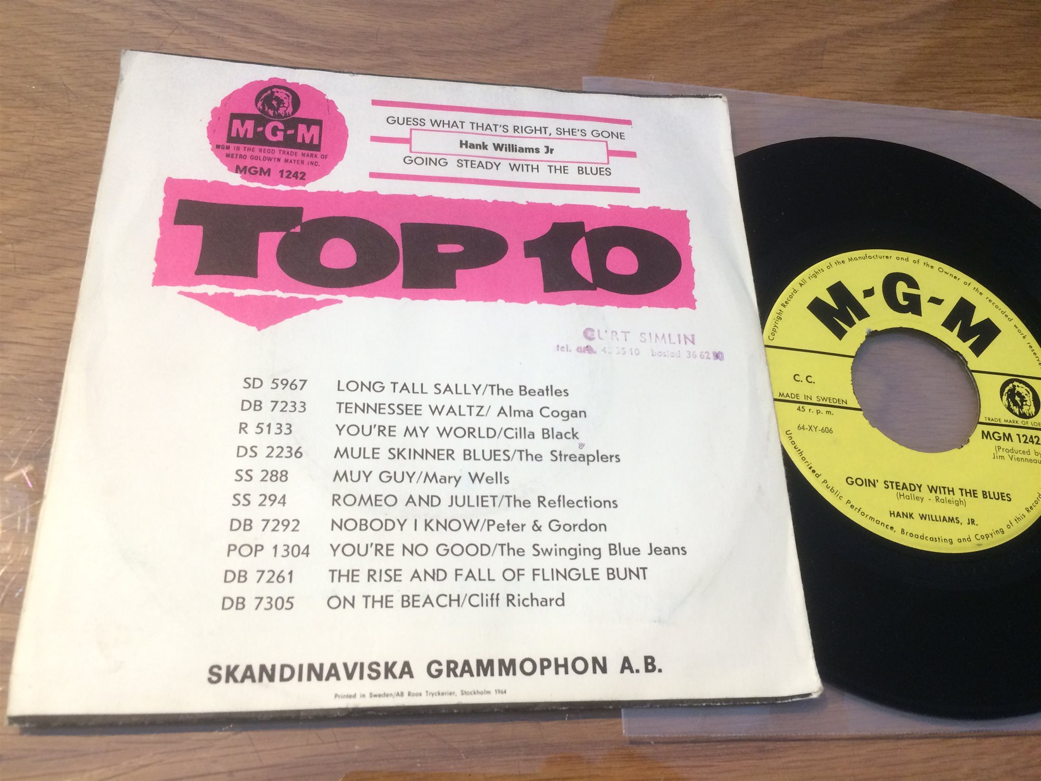 Omslagsbild för skivan HANK WILLIAMS JR guess what that's right she's gone 45 Swe MGM 1242 