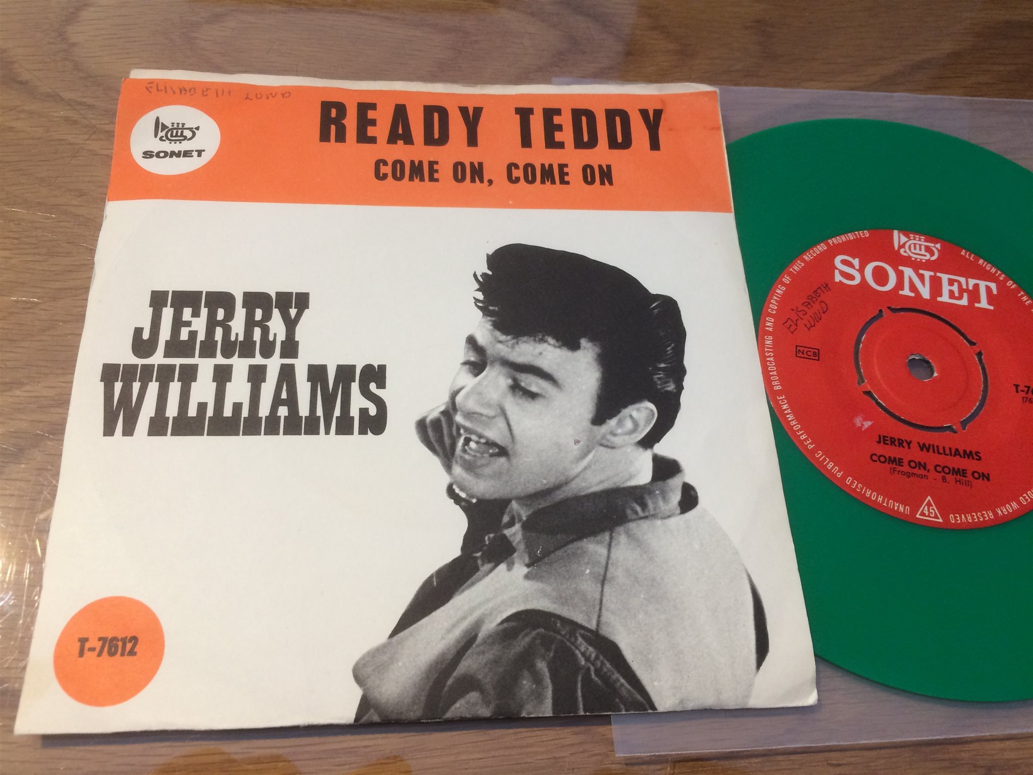 Omslagsbild för skivan JERRY WILLIAMS ready teddy 45 Swe SONET T-7612 grön vinyl