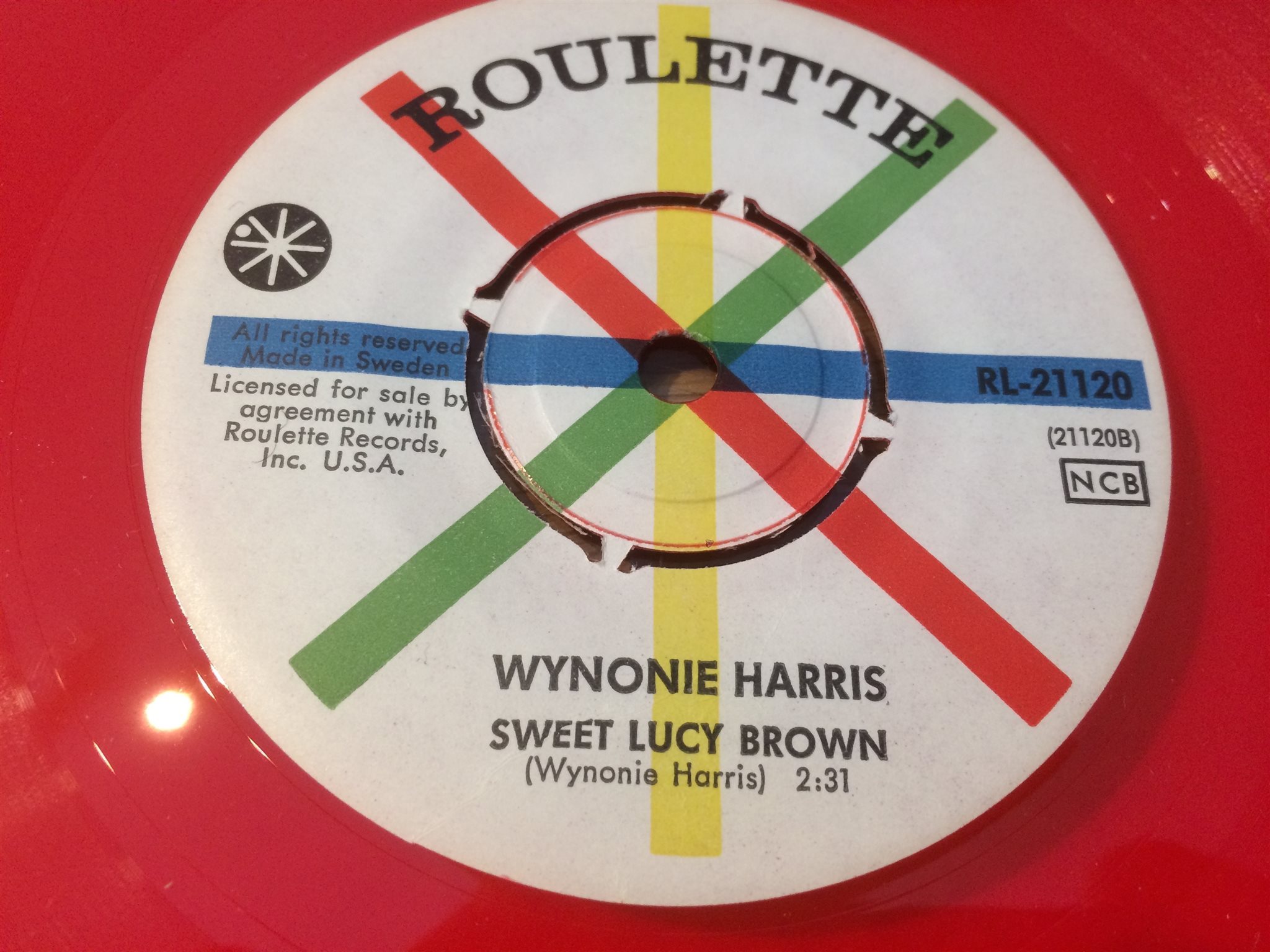 Omslagsbild för skivan WYNONIE HARRIS bloodshot eyes 45 Sweden ROULETTE RL 21120 röd vinyl