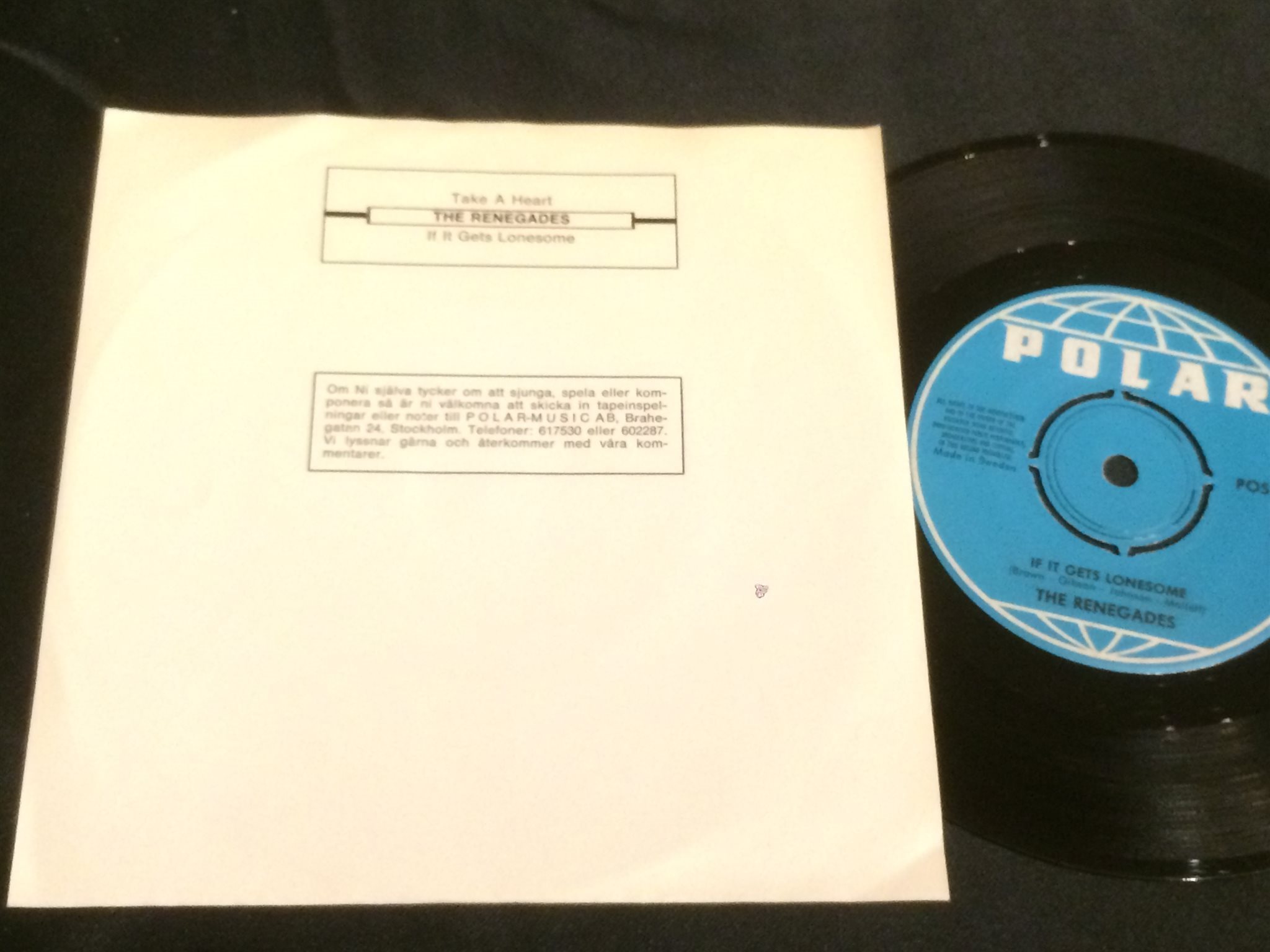 Omslagsbild för skivan THE RENEGADES take a heart 45 -66 Swe POLAR POS 1015 very rare!