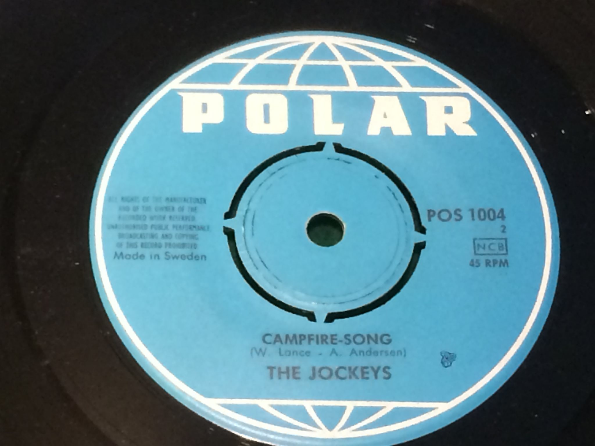 Omslagsbild för skivan THE JOCKEYS Jeanie / campfire-song 45 60s Swedish press POLAR POS 1004
