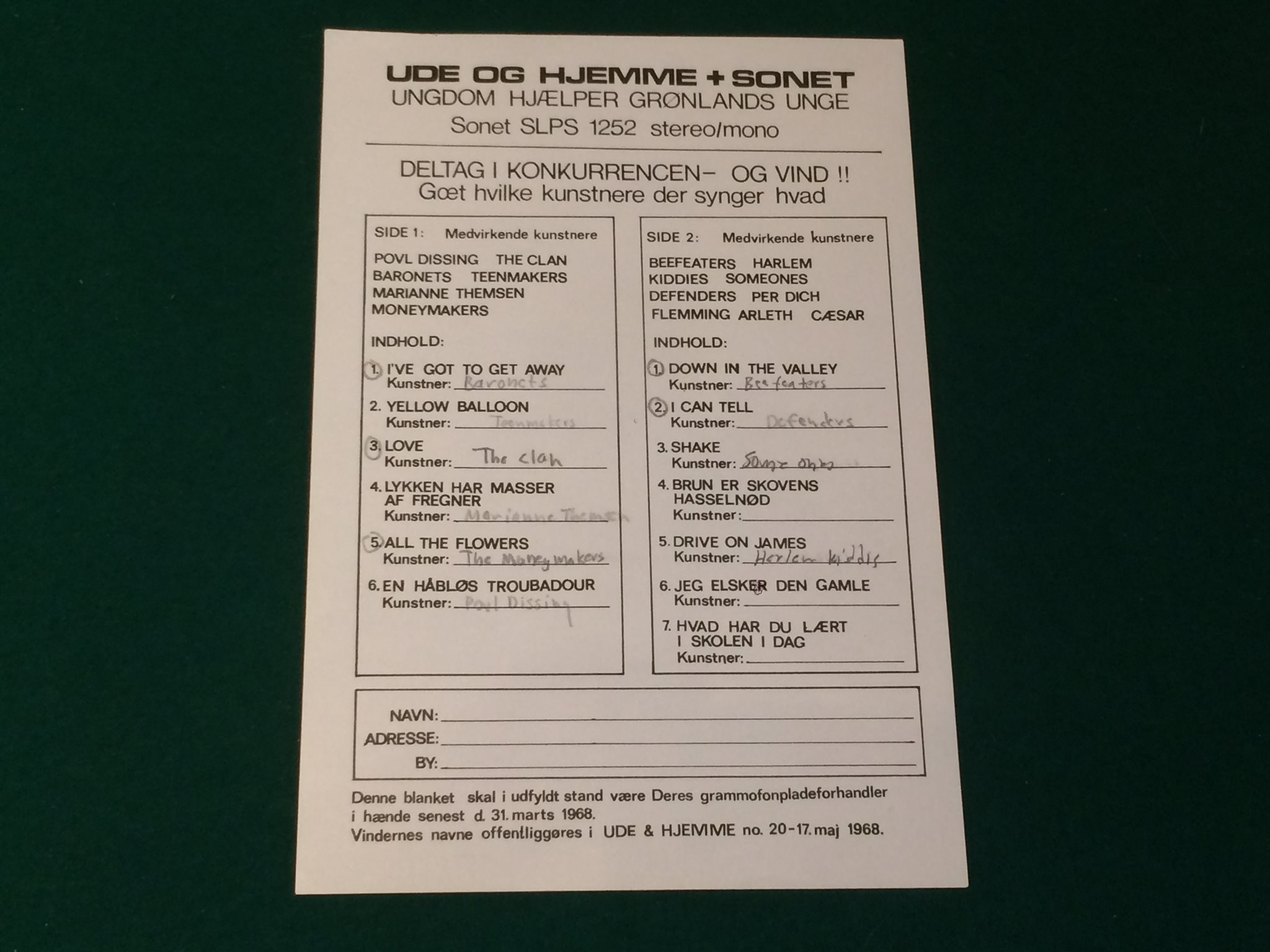 Omslagsbild för skivan V/A UNGDOM HJAELPER beefeaters ... LP -68 Denmark SONET SLPS 1252