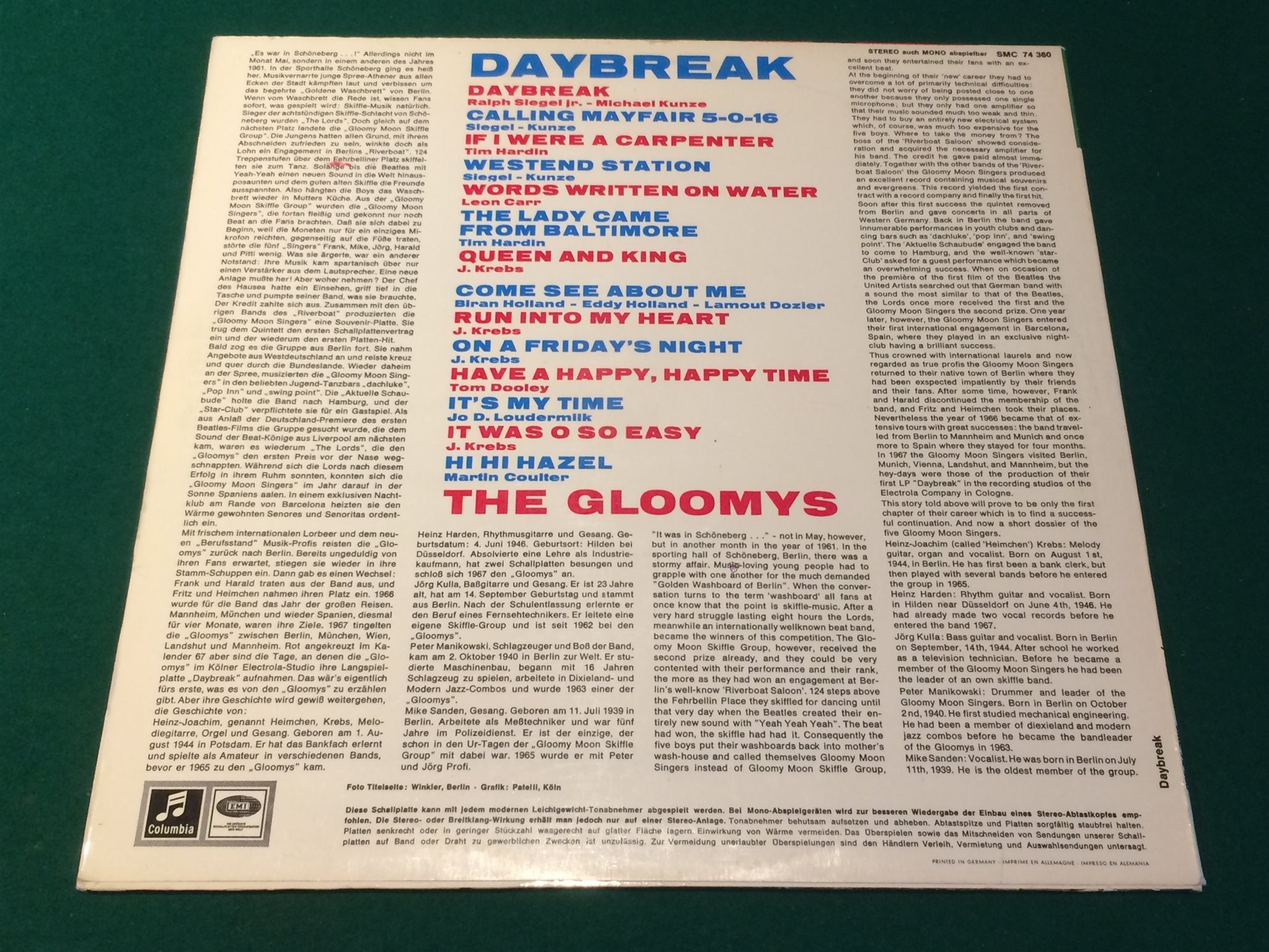 Omslagsbild för skivan THE GLOOMYS daybreak LP -60s Germany COLUMBIA SMC 74360