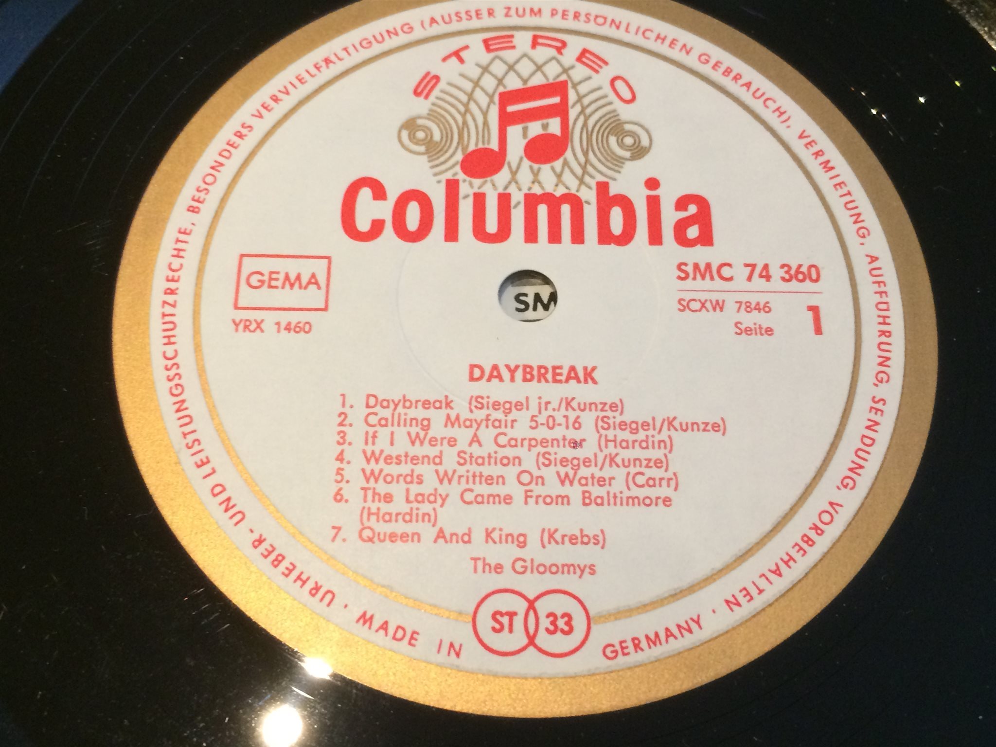 Omslagsbild för skivan THE GLOOMYS daybreak LP -60s Germany COLUMBIA SMC 74360