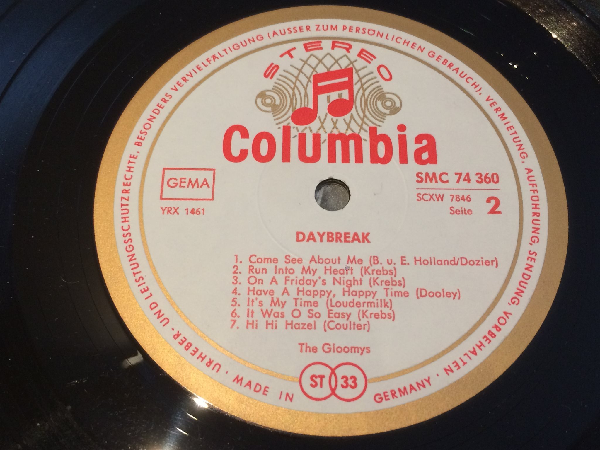 Omslagsbild för skivan THE GLOOMYS daybreak LP -60s Germany COLUMBIA SMC 74360