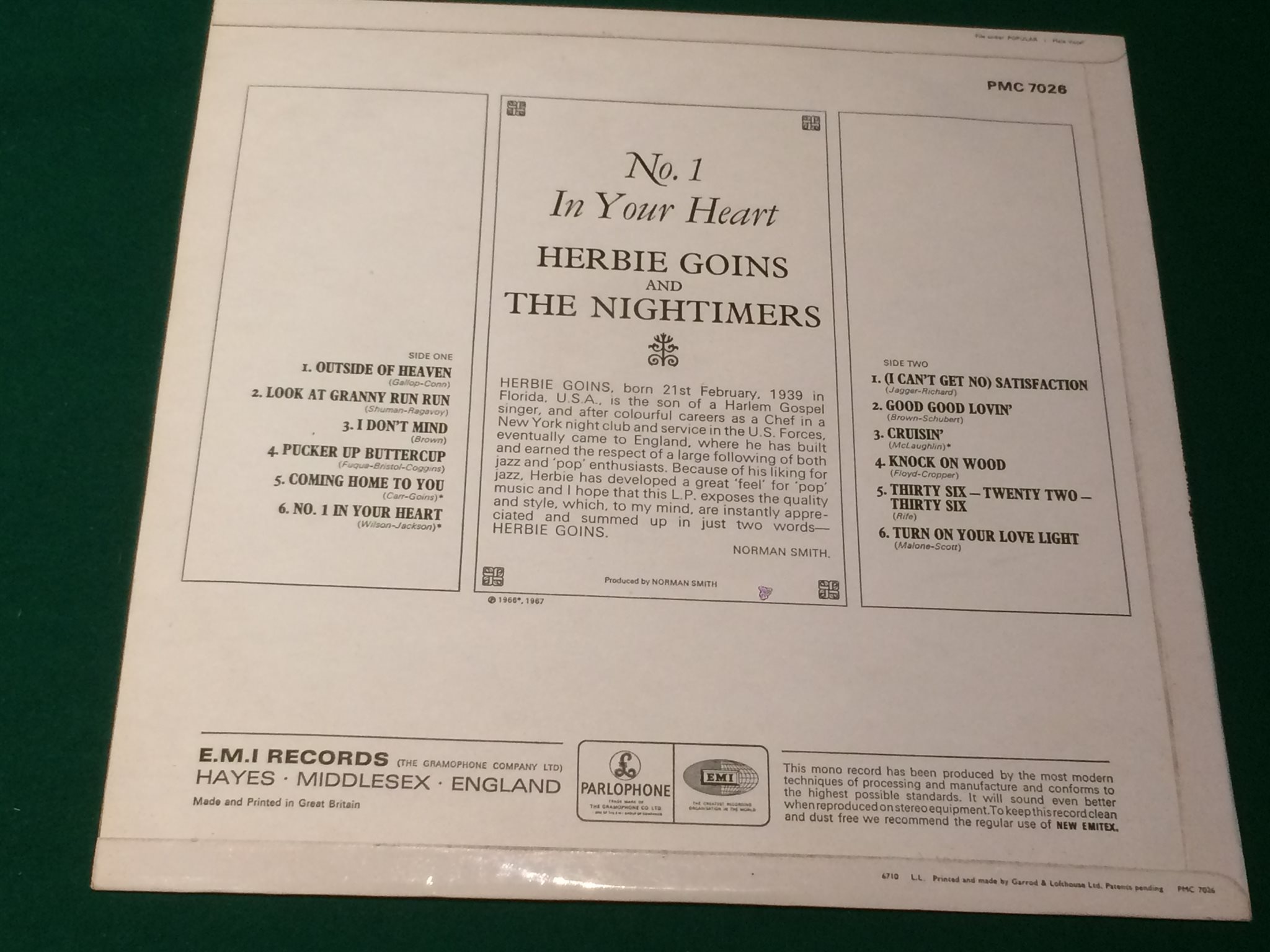 Omslagsbild för skivan HERBIE GOINS & THE NIGHTIMERS No 1 in your heart LP -67 UK PARLOPHONE PMC 7028 n