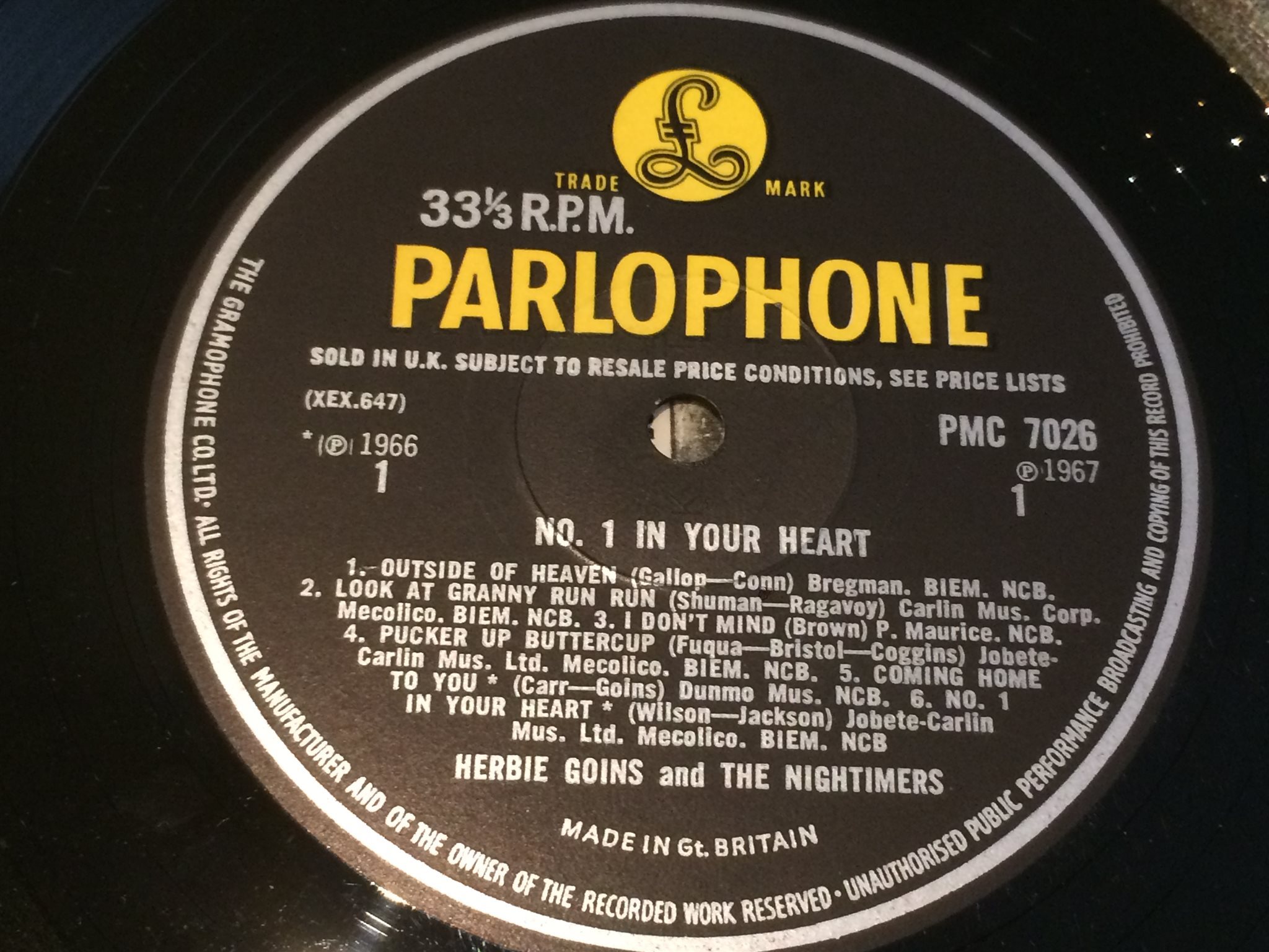 Omslagsbild för skivan HERBIE GOINS & THE NIGHTIMERS No 1 in your heart LP -67 UK PARLOPHONE PMC 7028 n