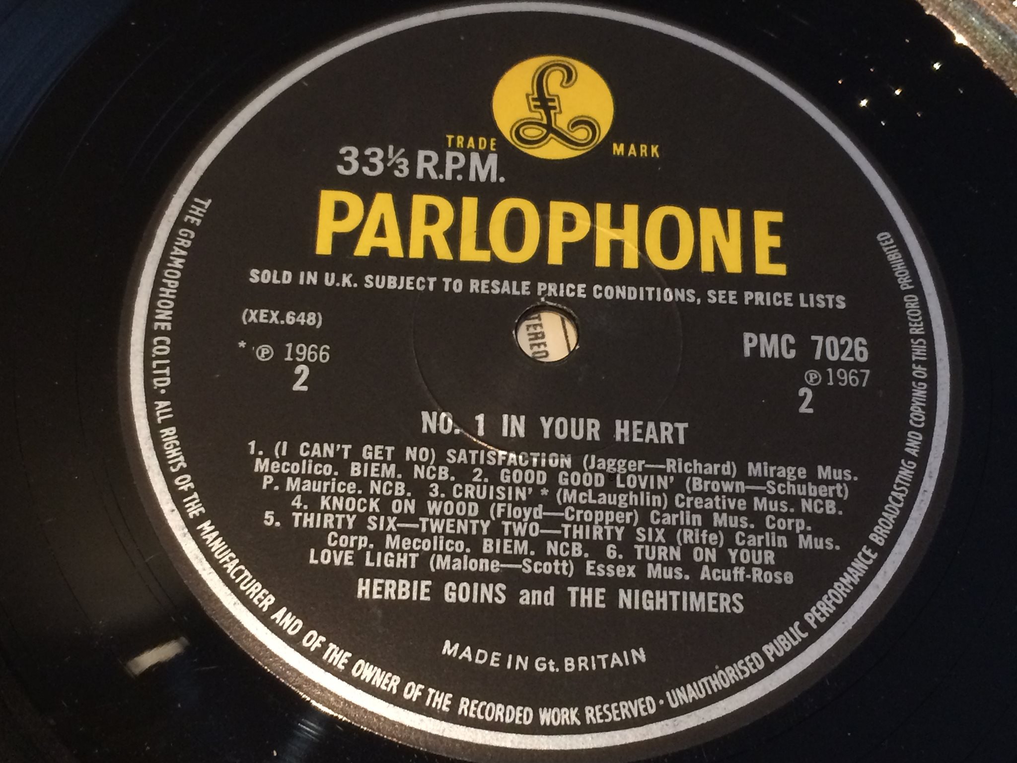 Omslagsbild för skivan HERBIE GOINS & THE NIGHTIMERS No 1 in your heart LP -67 UK PARLOPHONE PMC 7028 n