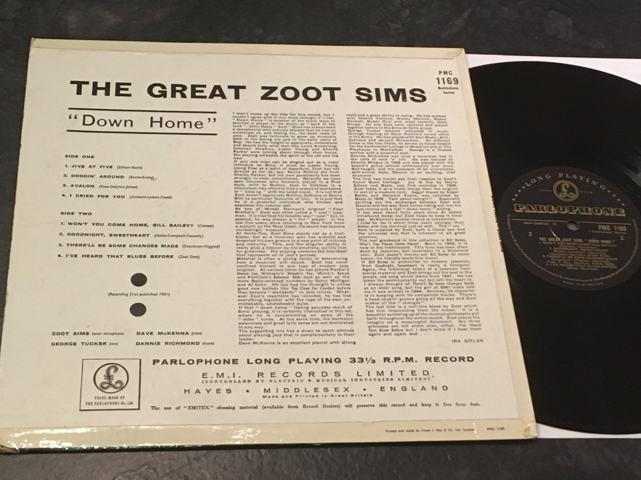 Omslagsbild för skivan ZOOT SIMS down home LP -61 UK PARLOPHONE PMC 1169 rare!