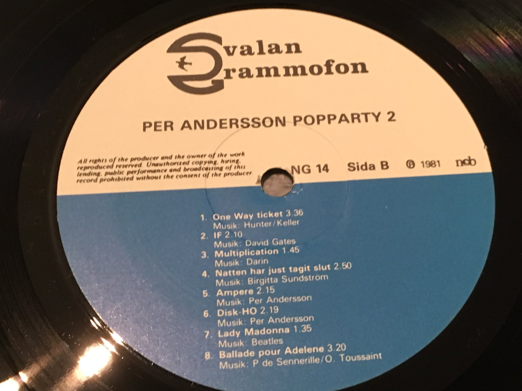 Omslagsbild för skivan PER ANDERSSON pop party vol 2  LP -81 Swe SVALAN NG 14 