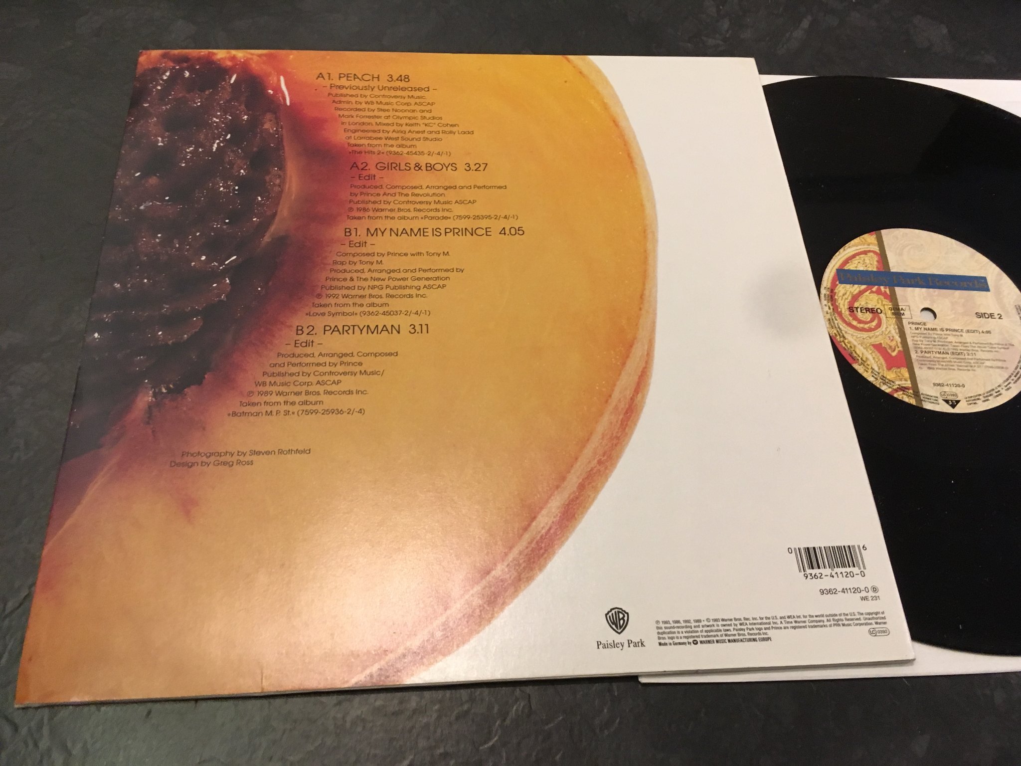 Omslagsbild för skivan PRINCE peach 12”single -93 Ger. WARNER BROS 9362-41120-0