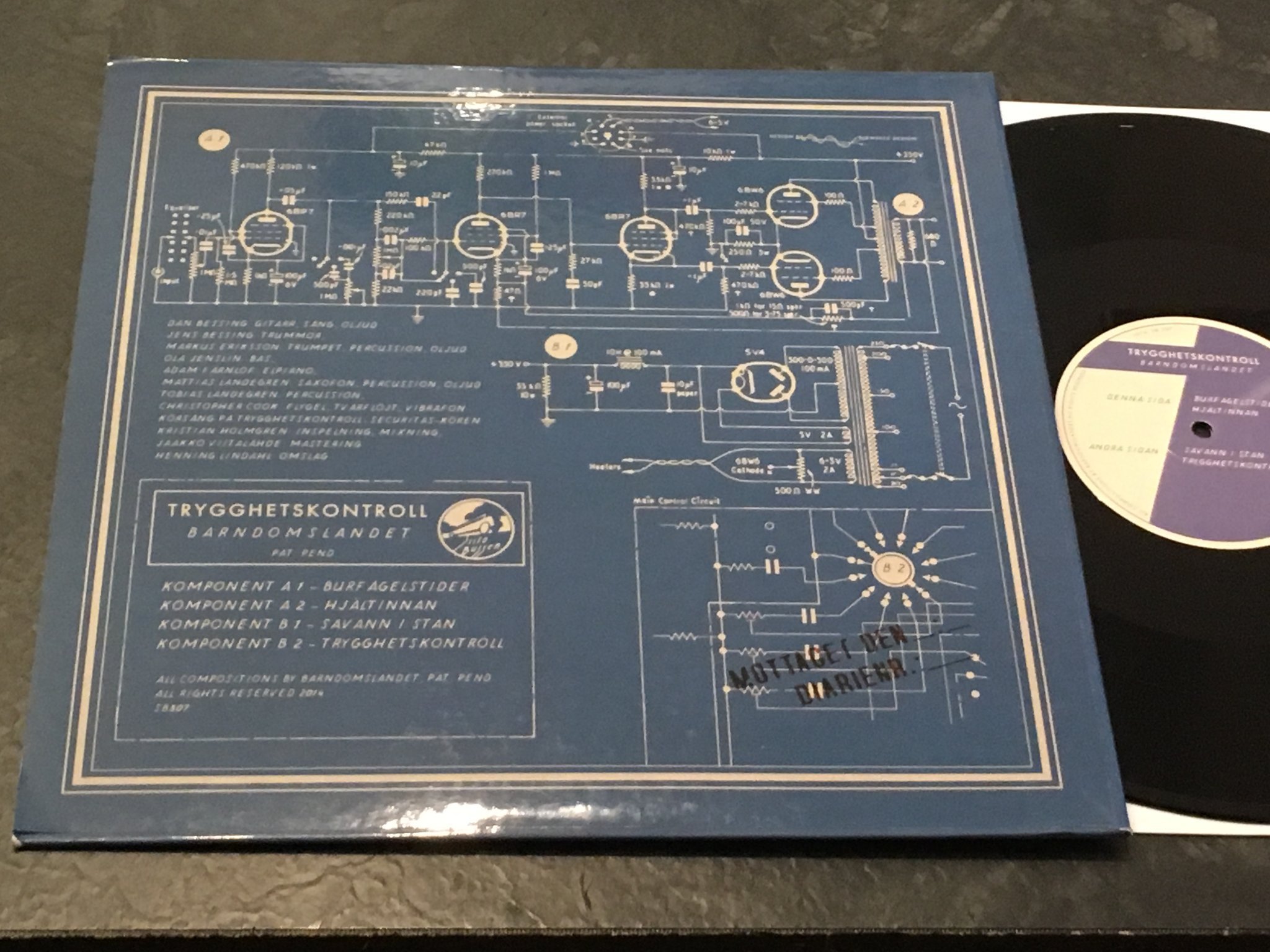 Omslagsbild för skivan BARNDOMSLANDET trygghetskontroll LP 2015 Swe SISTA BUSSEN SB307 rare progg