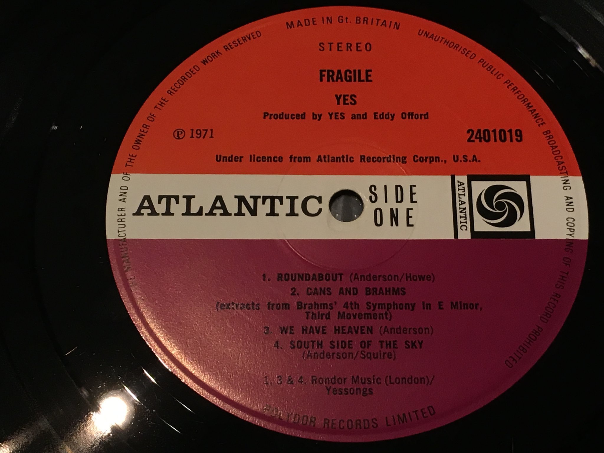 Omslagsbild för skivan YES fragile LP -71 UK ATLANTIC 2401019 plum label RARE!!!