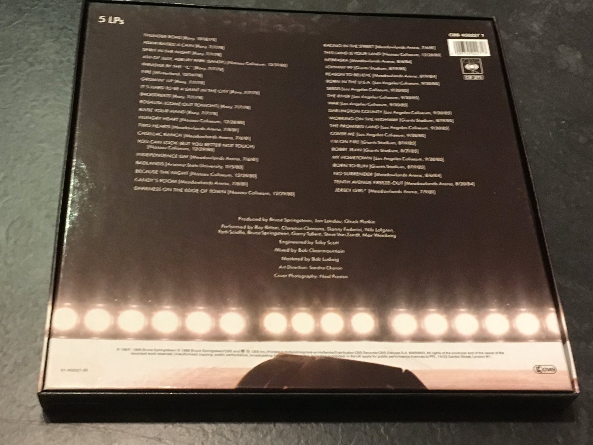 Omslagsbild för skivan BRUCE SPRINGSTEEN & THE E STREET BAND live 1975-85 5xLP box CBS 450227 1