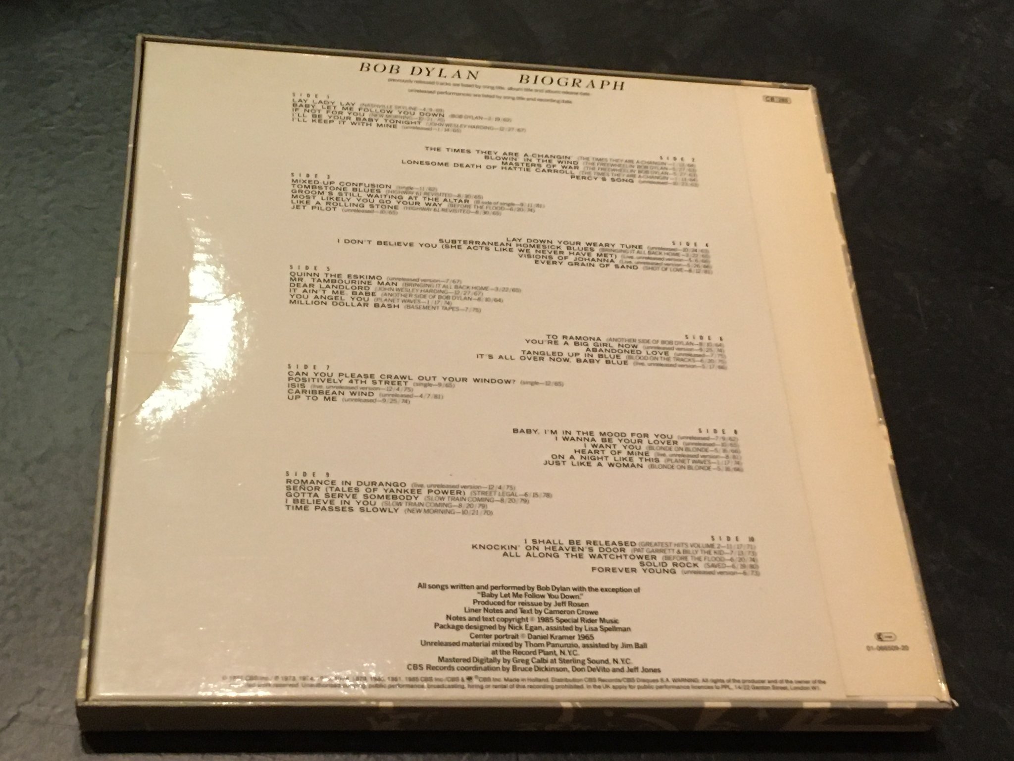 Omslagsbild för skivan BOB DYLAN biograph 5xLP -85 CBS 66509 