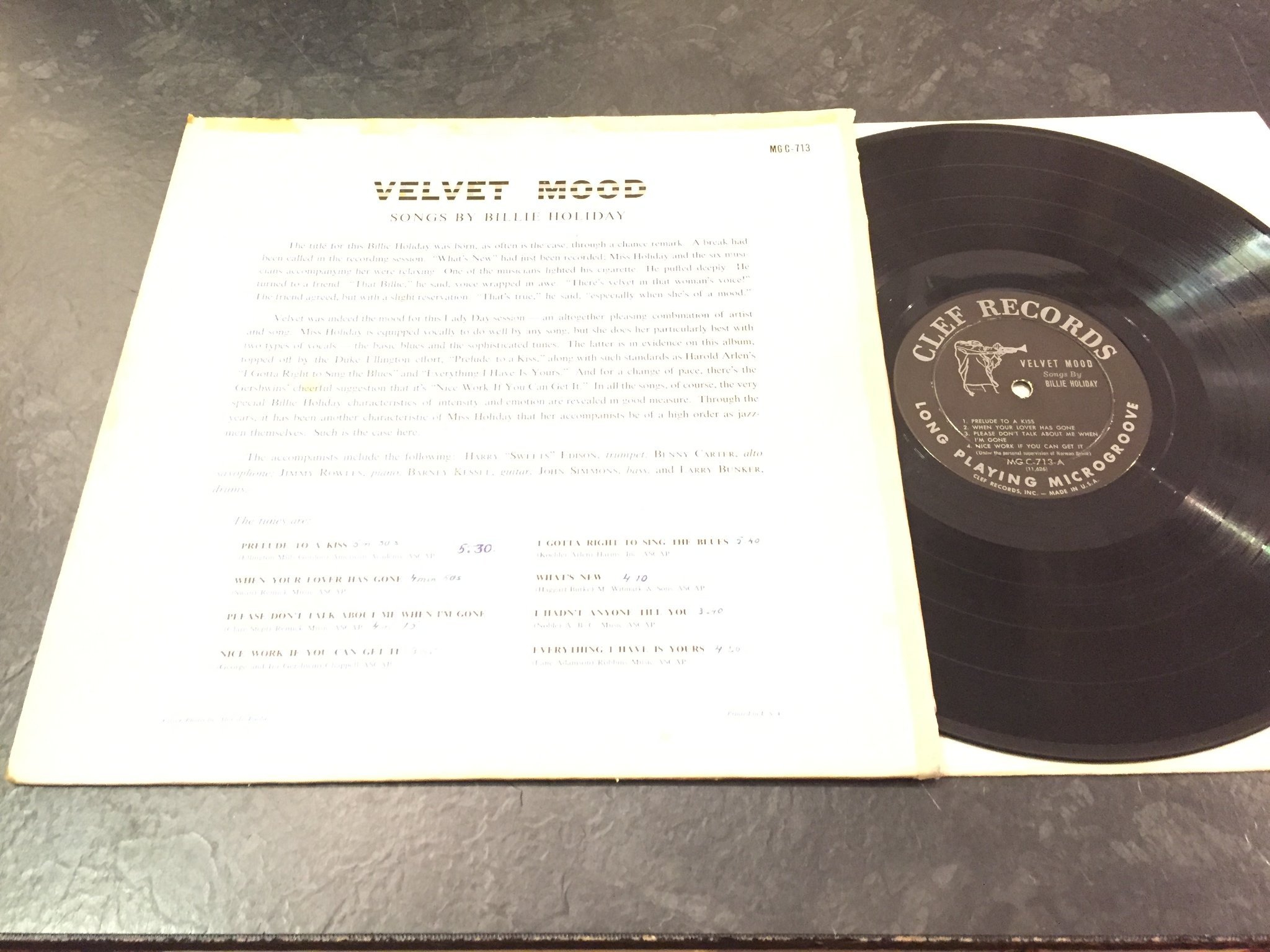 Omslagsbild för skivan BILLIE HOLIDAY velvet mood LP -56 US CLEF MG C-713 RARE 