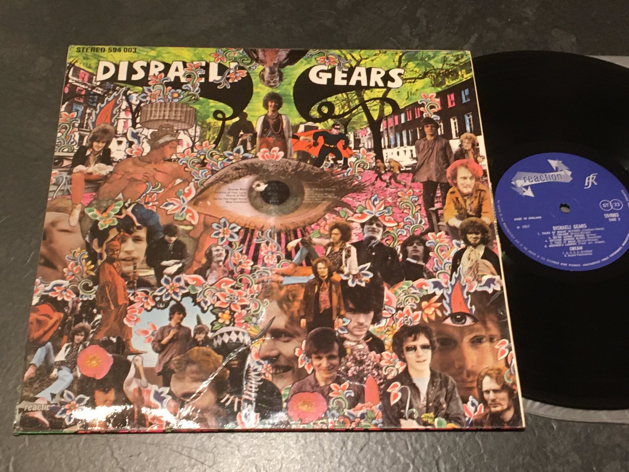 Omslagsbild för skivan CREAM disraeli gears LP -67 UK REACTION 594 003 fully laminated STEREO 