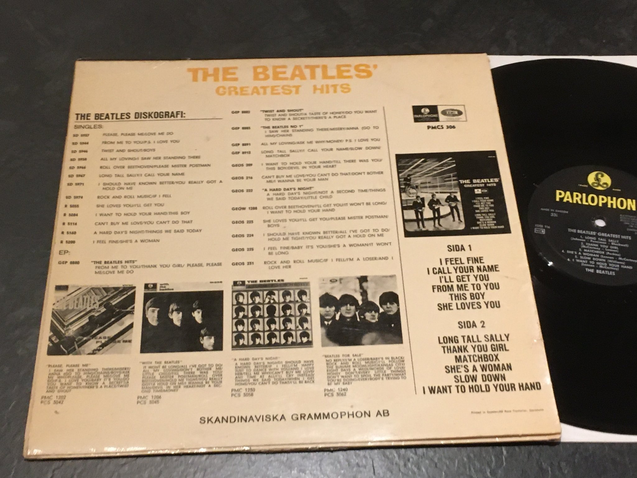 Omslagsbild för skivan THE BEATLES greatest hits LP -65 Swe PARLOHONE PMCS 306