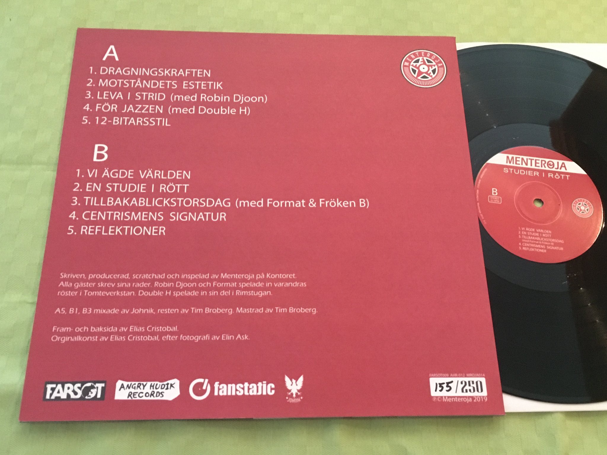 Omslagsbild för skivan MENTEROJA studier i rött LP 2019 Swe NUMRERAD endast 250 ex