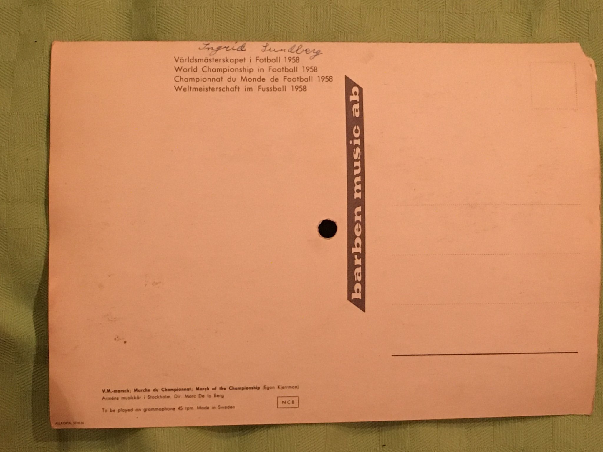 Omslagsbild för skivan VM i fotboll 1958  / "FLEXI" ELLER KANSKE VYKORTSFLEXI se bild