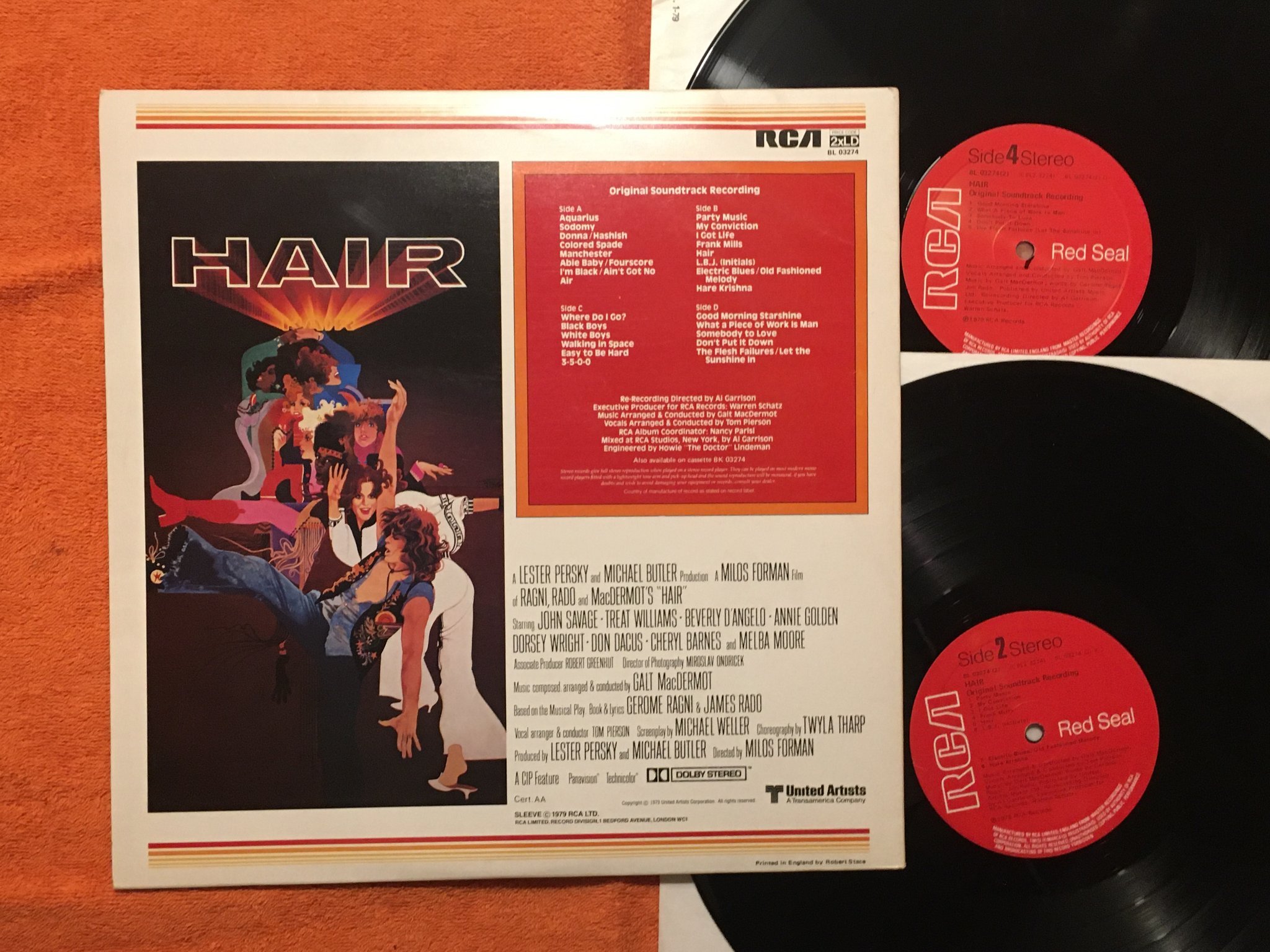 Omslagsbild för skivan HAIR soundtrack 2xLP -79 UK RCA red seal BL 03274