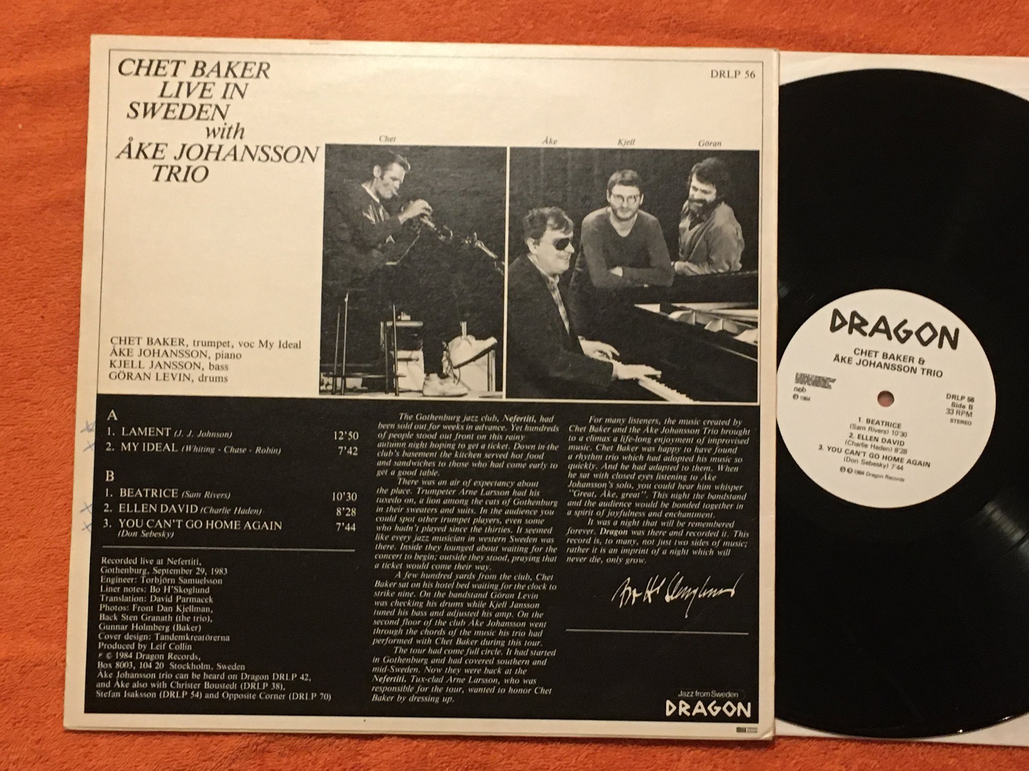 Omslagsbild för skivan CHET BAKER & ÅKE JOHANSSON TRIO LP -84 Swe CAPRICE DRLP 56