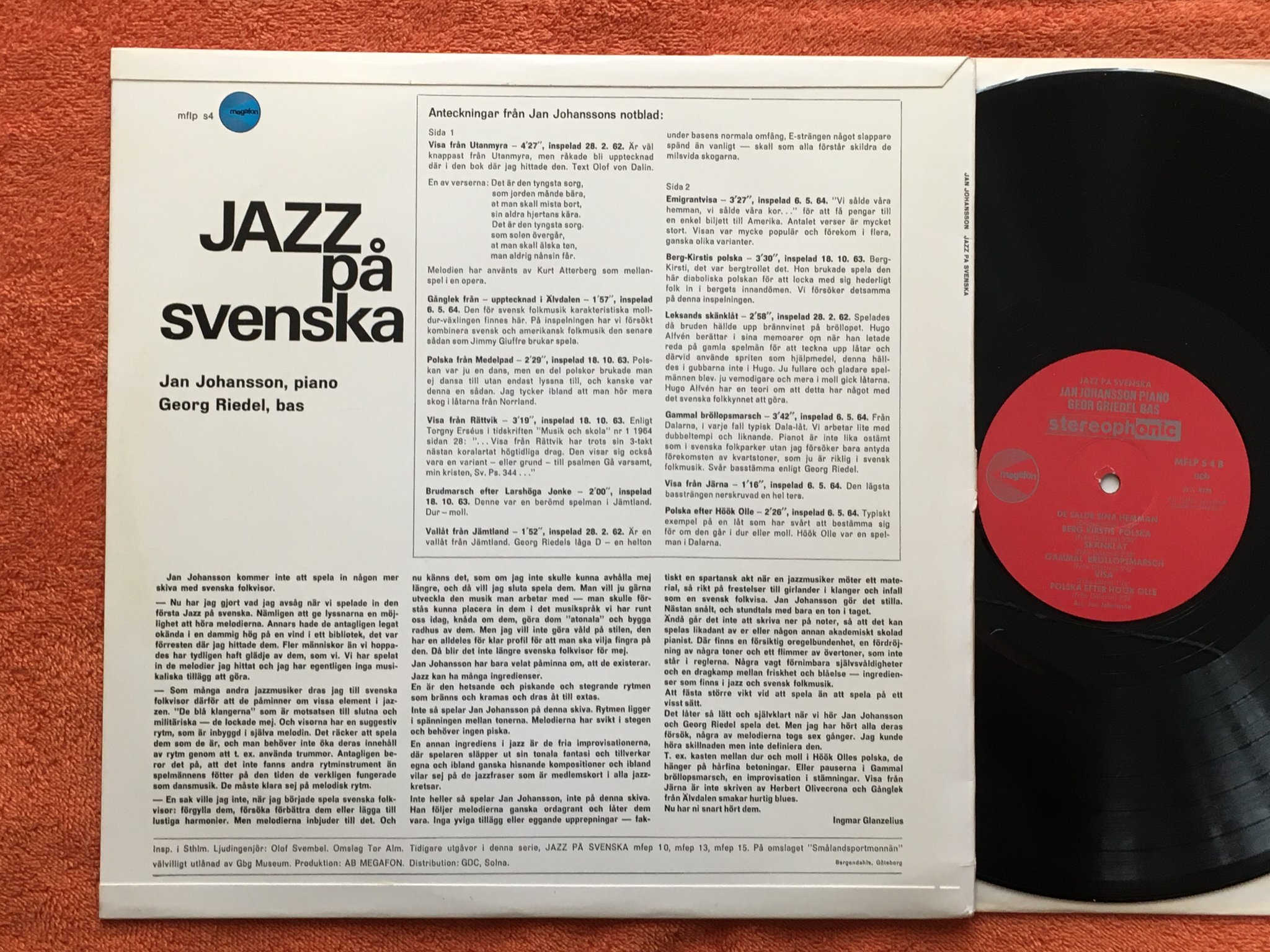 Omslagsbild för skivan JAN JOHANSSON jazz på svenska LP  MEGAFON MFLP S 4 