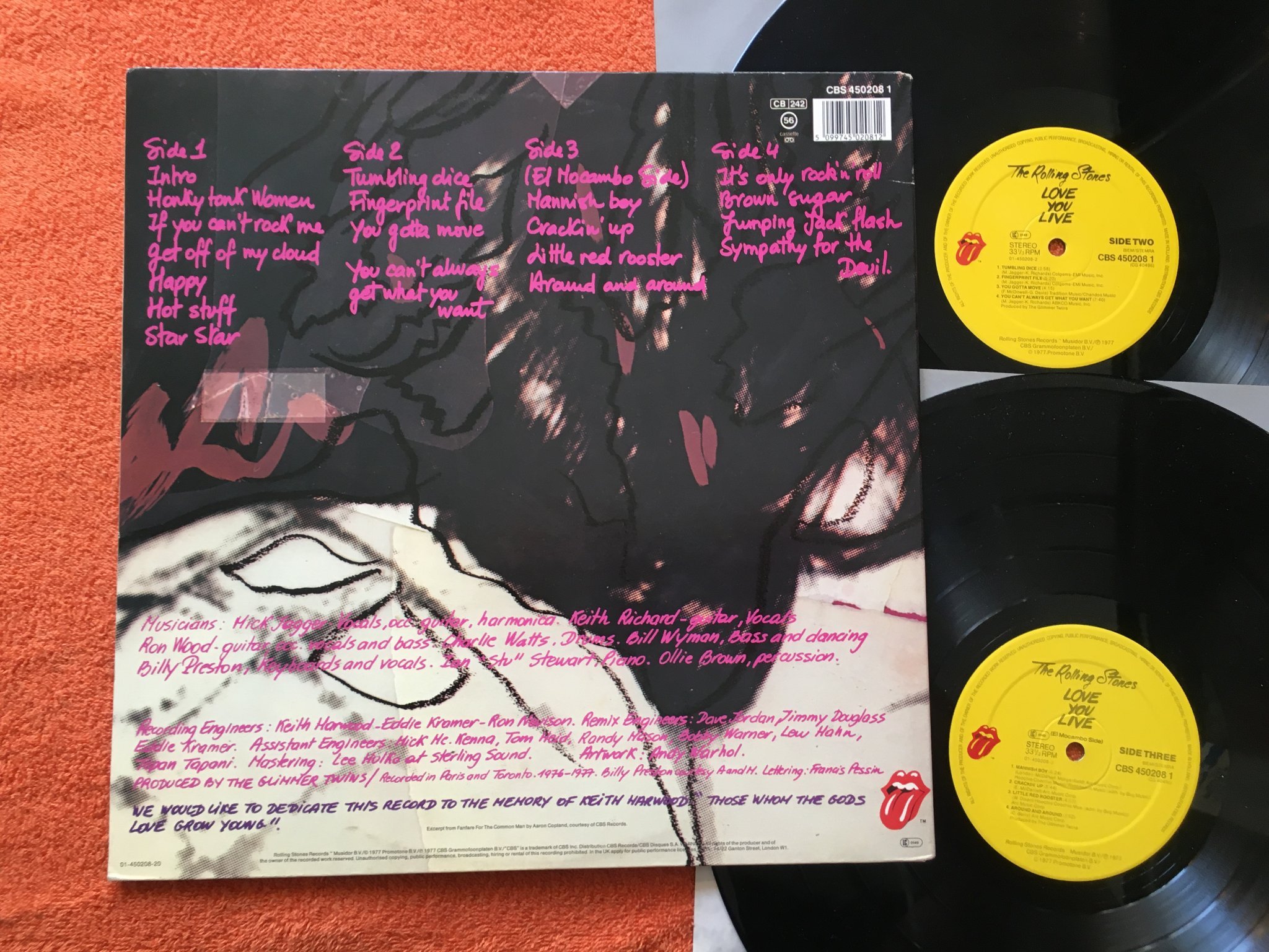 Omslagsbild för skivan THE ROLLING STONES love you live 2xLP -77 CBS 4502081 ANDY WARHOL ARTWORK