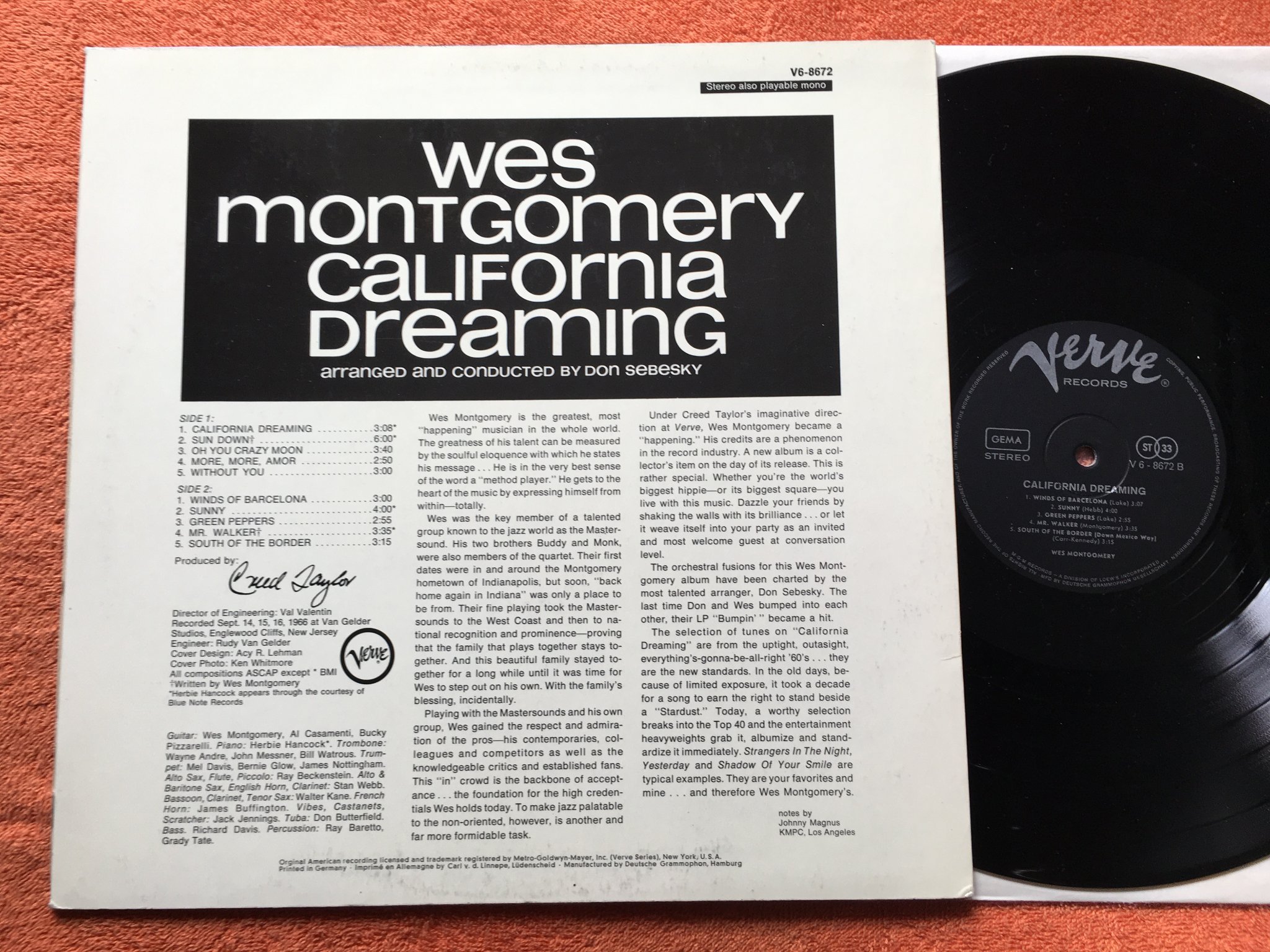 Omslagsbild för skivan WES MONTGOMERY California dreaming LP -66 Ger VERVE V6-8672
