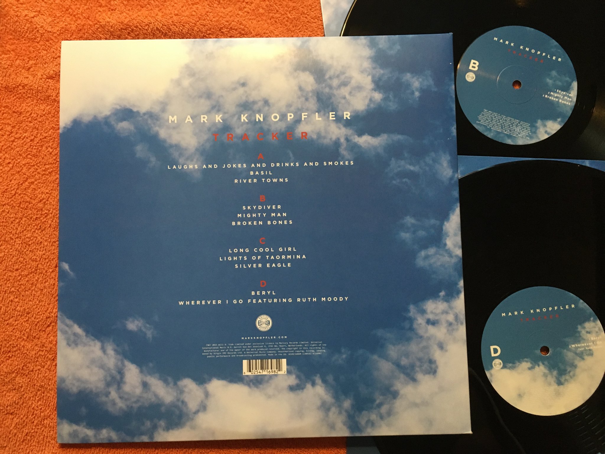 Omslagsbild för skivan MARK KNOPFLER tracker 2xLP 2015 BRITISH GROVE 4716982