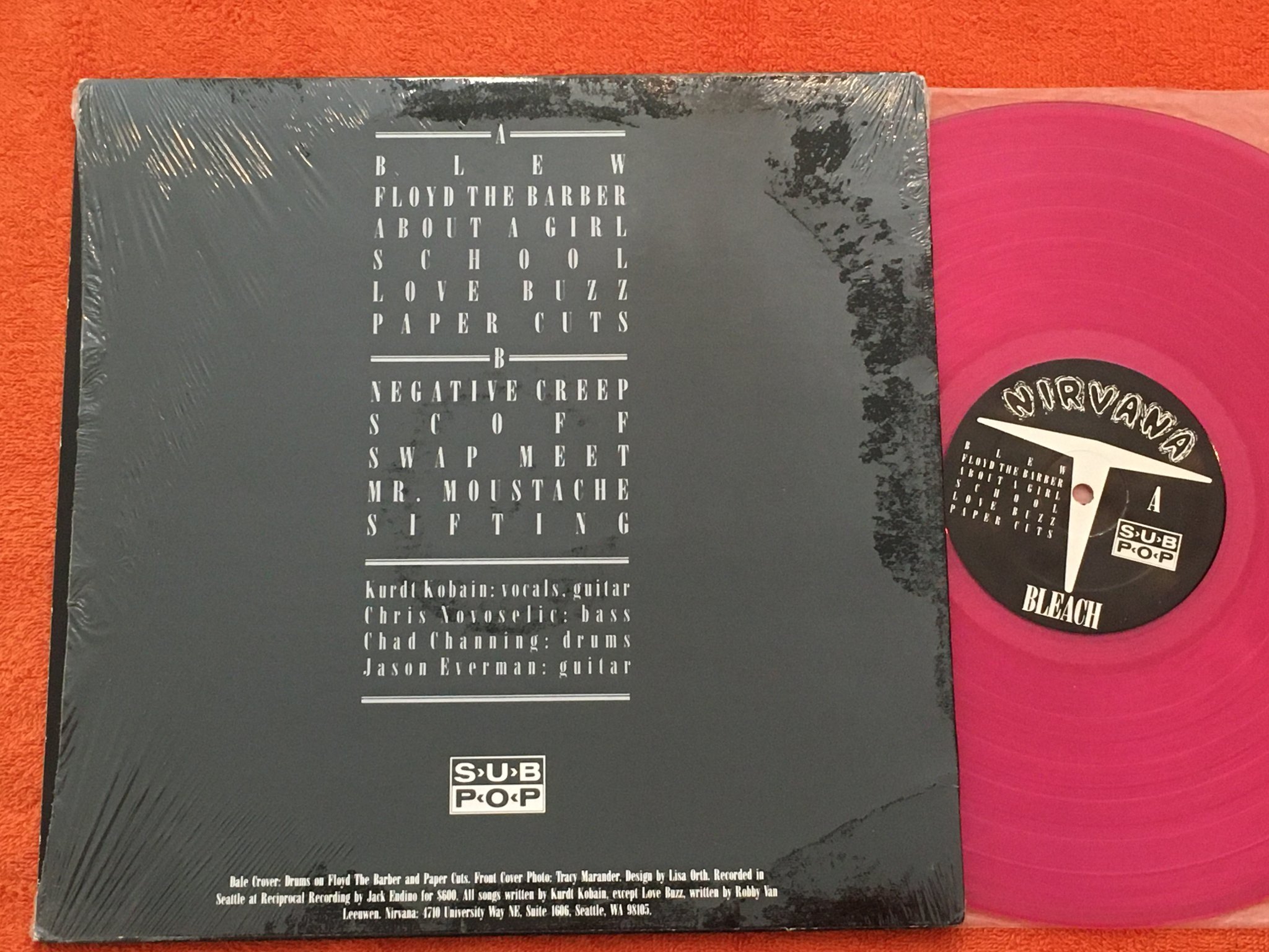 Omslagsbild för skivan NIRVANA bleach LP -92 US SUB POP SP 34 pink vinyl MEGA RARE !