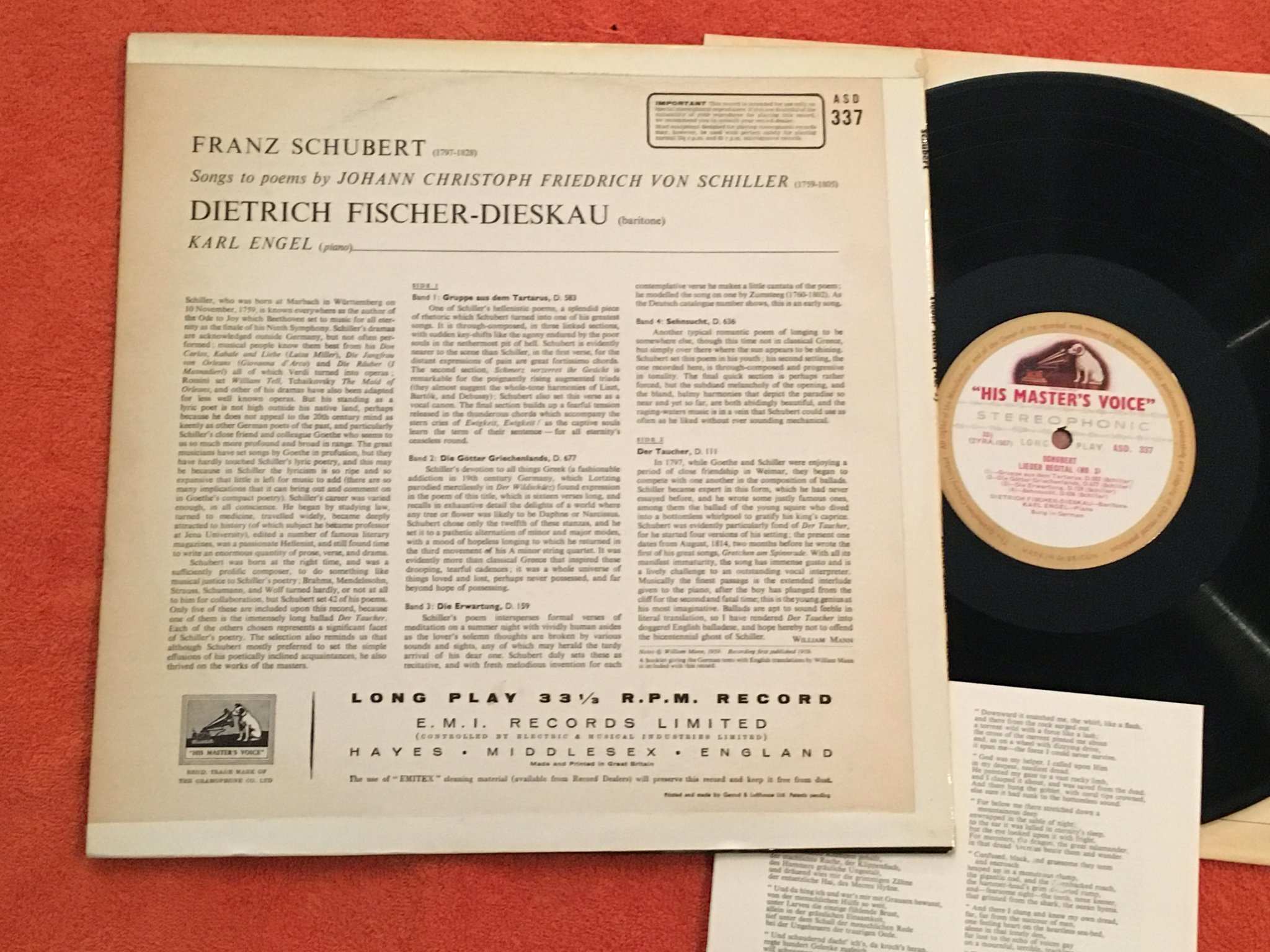 Omslagsbild för skivan KARL ENGEL Schubert: lieder recital  LP -59 UK HIS MASTER'S VOICE ASD 337