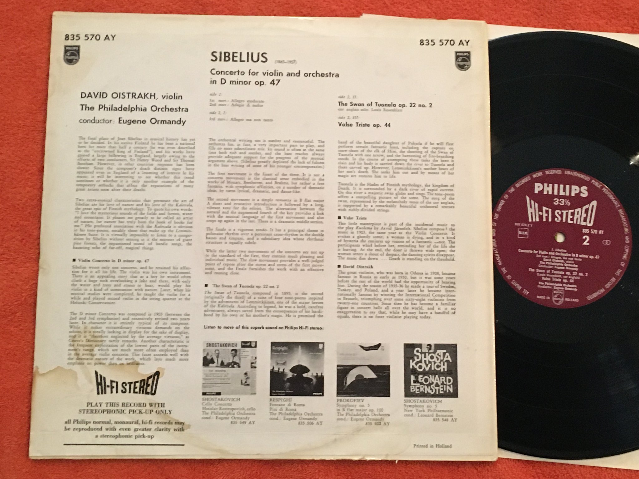 Omslagsbild för skivan DAVID OISTRAKH Sibelius: concerto for violin LP Hol PHILIPS 835570AY hifi stereo