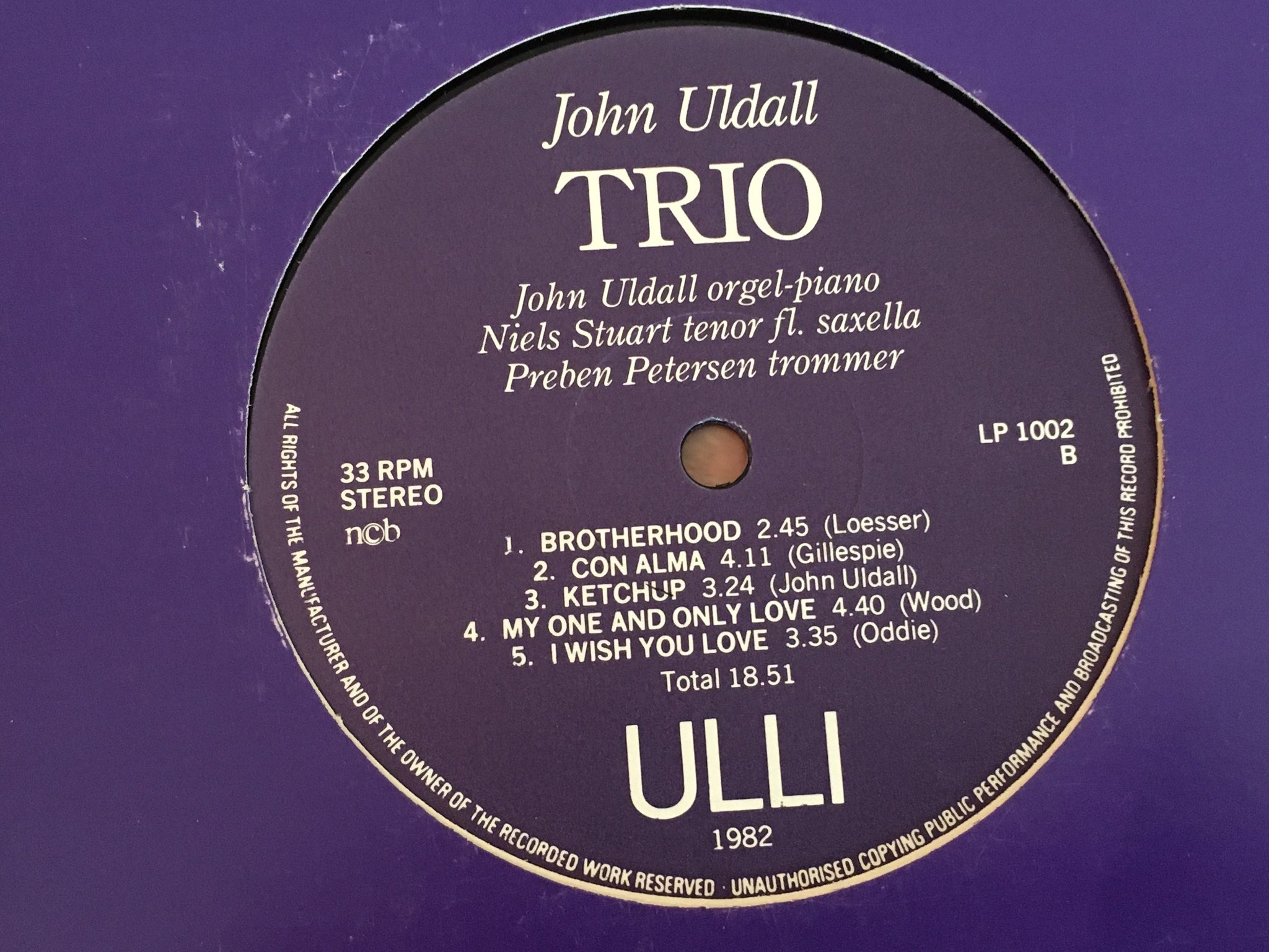 Omslagsbild för skivan JOHN ULDALL TRIO ulli LP -82 Norway LP 1002 mega rare private press