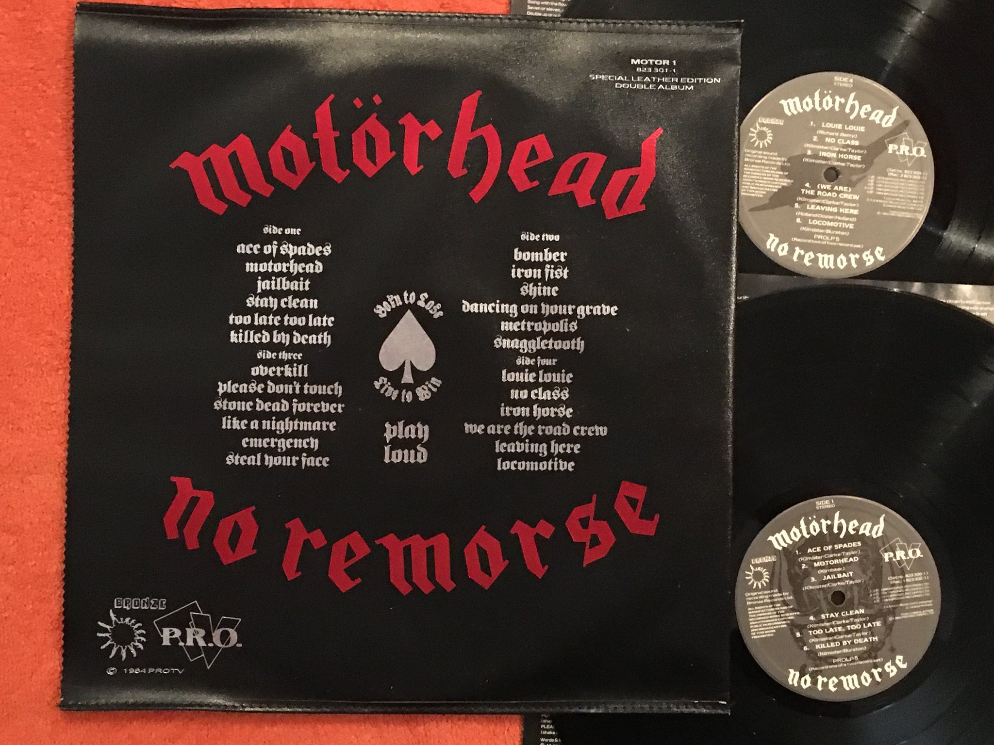 Omslagsbild för skivan MOTORHEAD no remorse 2XLP -84 UK BRONZE 823 300-1 leather sleeve Wow!