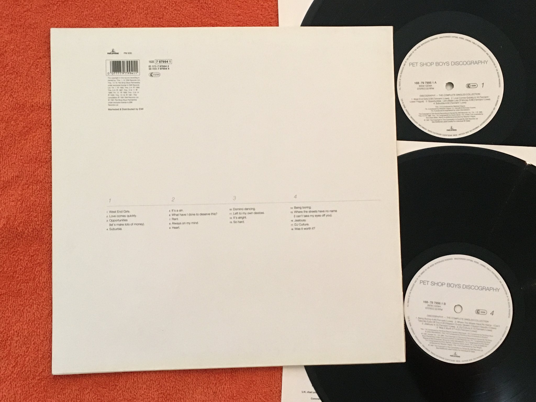 Omslagsbild för skivan PET SHOP BOYS Discography (The Complete Singles Collection) 2xLP -91 Parlophone 