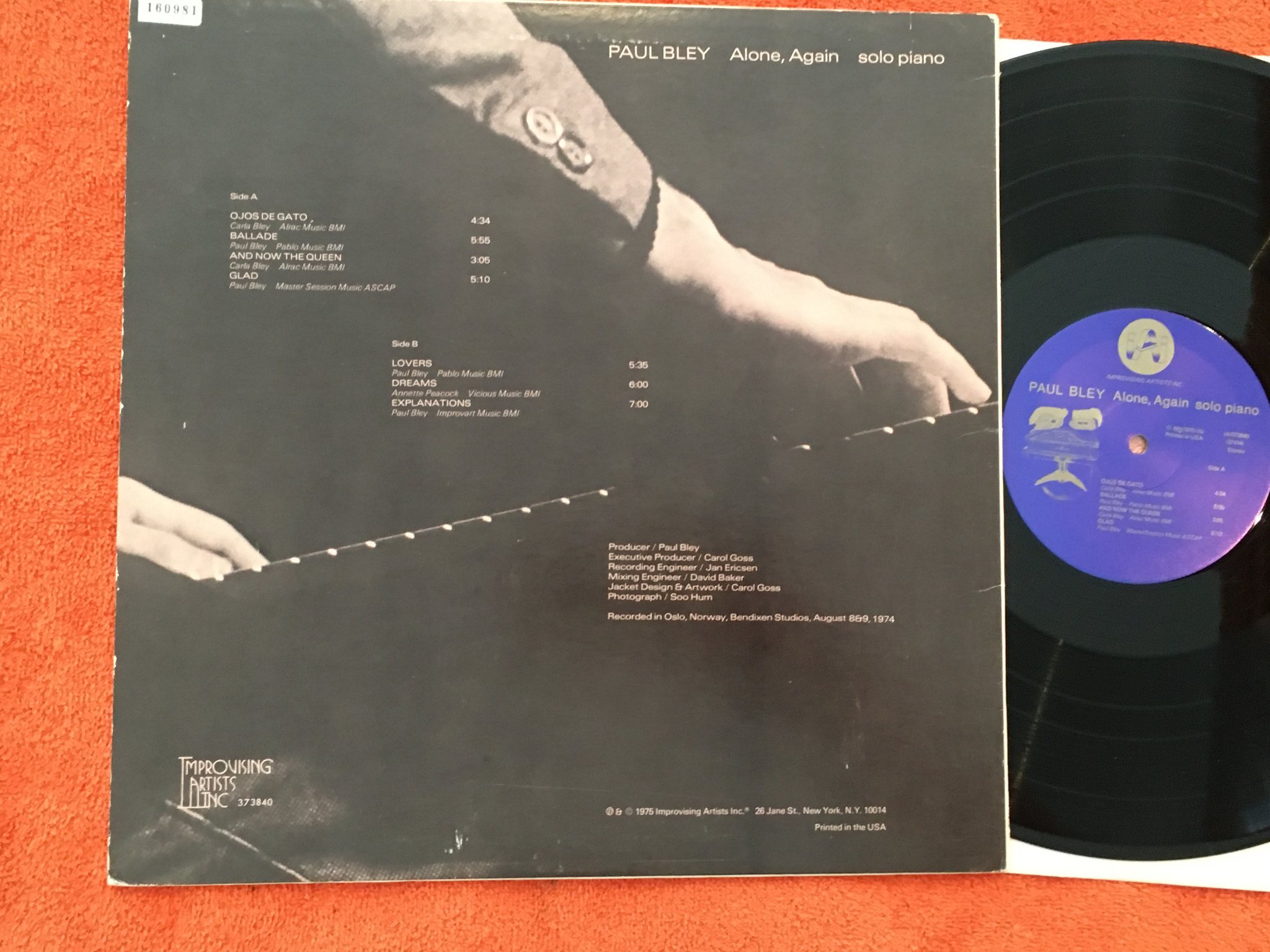 Omslagsbild för skivan Paul Bley ?– Alone, Again LP -75 US Improvising Artists Inc. IAI 373840