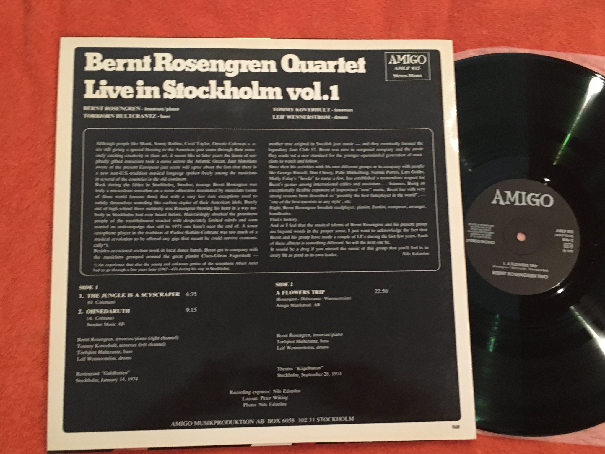 Omslagsbild för skivan BERNT ROSENGREN TRIO & QUARTET live in Stockholm vol 1 LP -75 Swe AMIGO