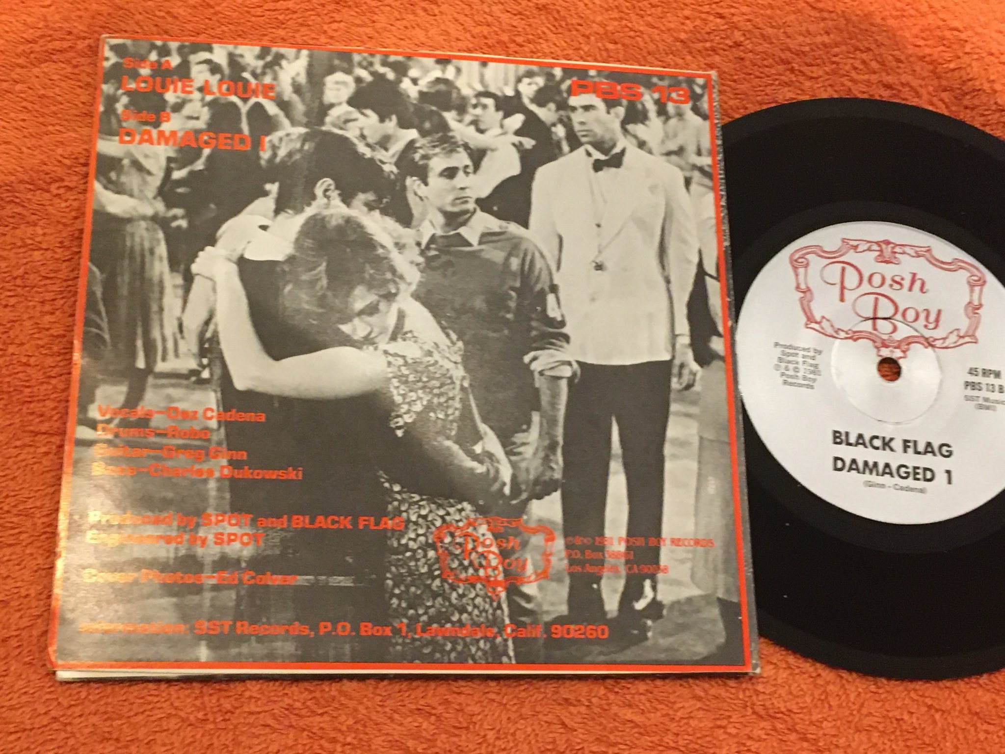 Omslagsbild för skivan BLACK FLAG louie louie 7”single -81 US POSH BOY PBS 13