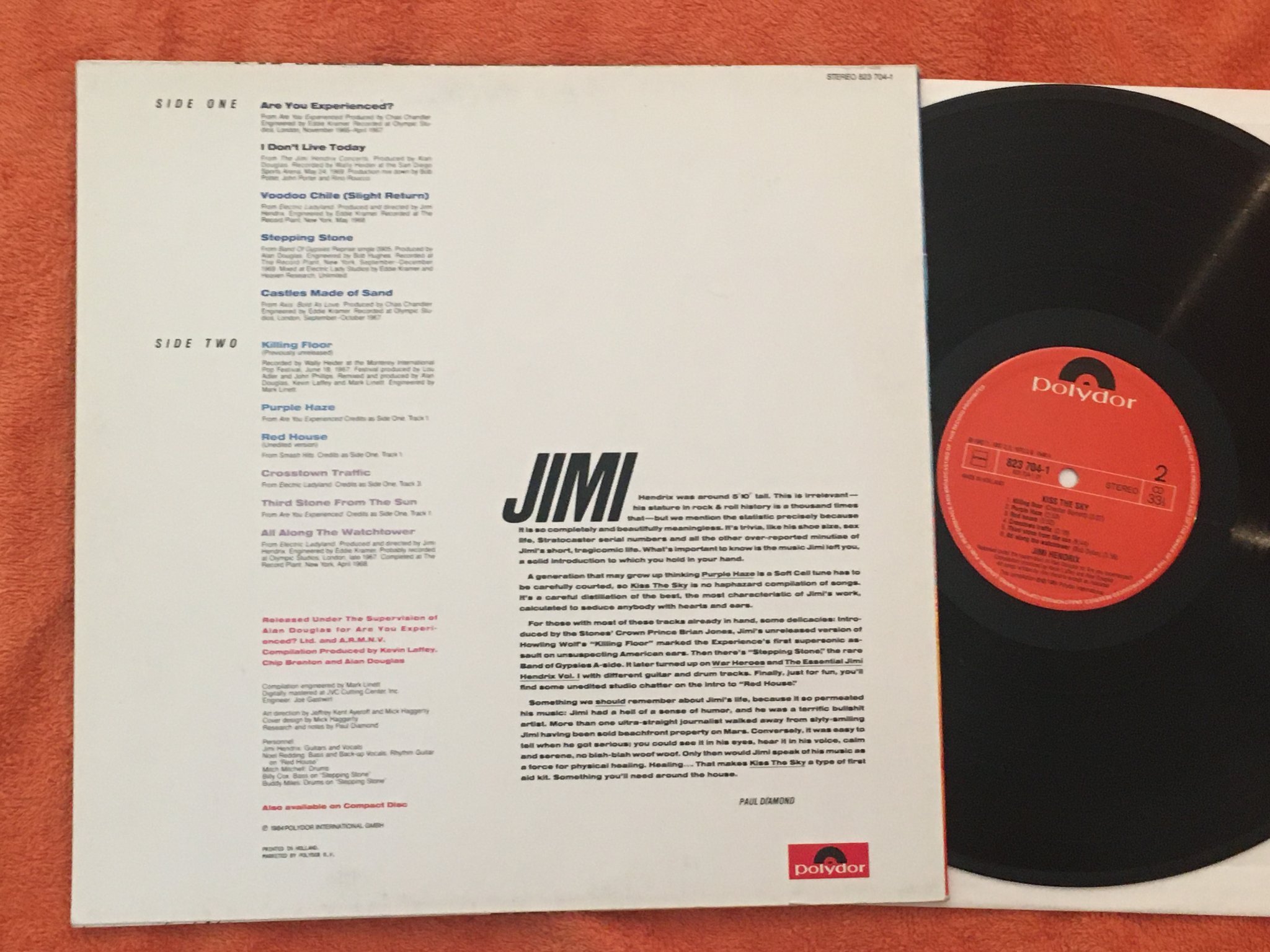 Omslagsbild för skivan JIMI HENDRIX kiss the sky LP -84 Hol POLYDOR 823 704-1