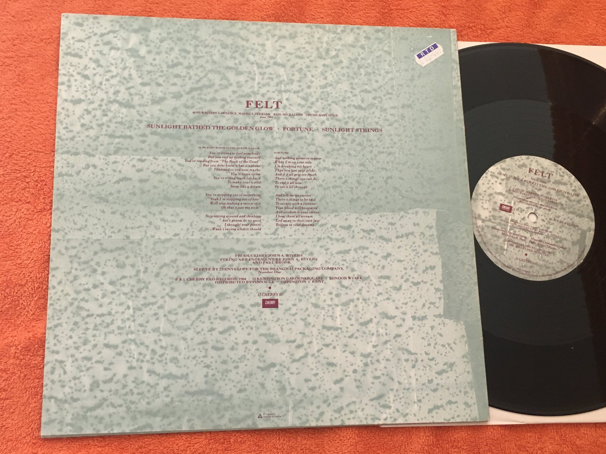 Omslagsbild för skivan FELT Sunlight Bathed The Golden Glow 12”single -84 UK CHERRY RED rare 