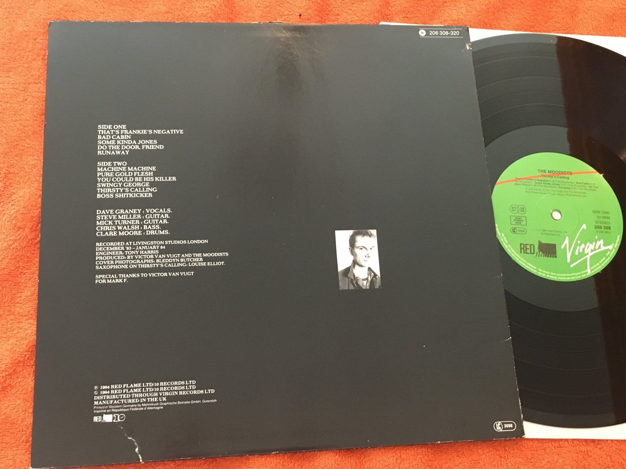 Omslagsbild för skivan THE MOODISTS Thirsty's Calling LP -84 UK RED FLAME RFA 39