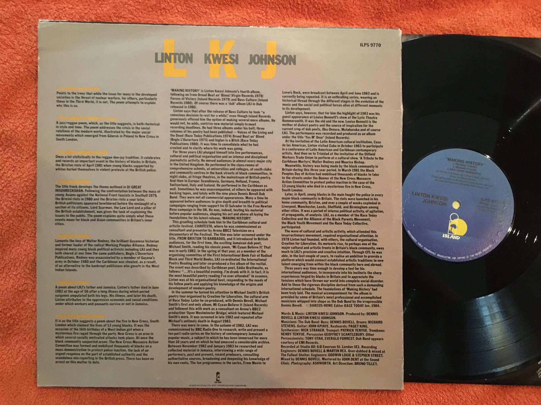 Omslagsbild för skivan LINTON KWESI JOHNSON making history LP -84 ISLAND ILPS 9770