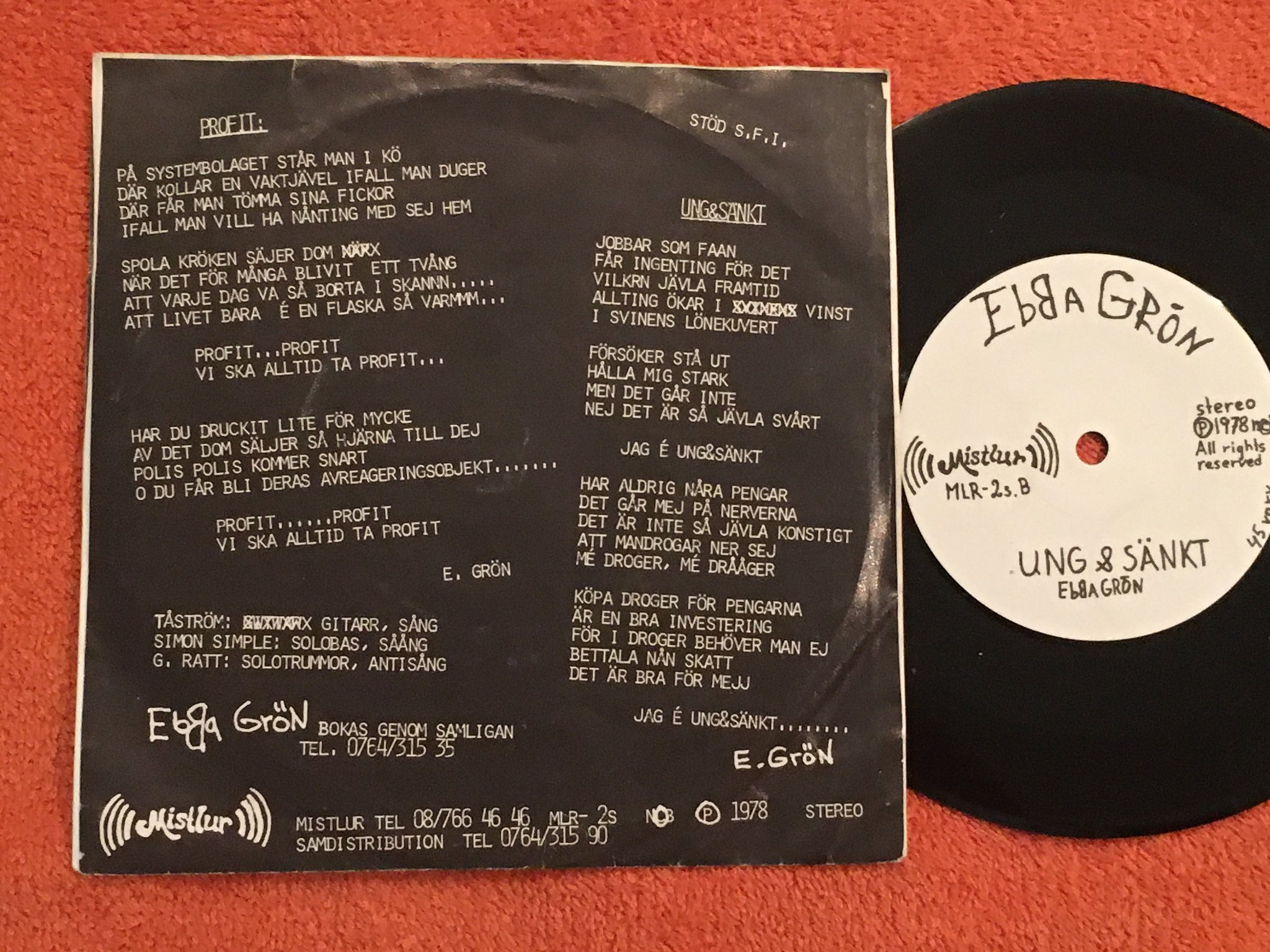 Omslagsbild för skivan EBBA GRÖN profit (antirock) 7"single -78 Swe MISTLUR MLR-2 punk