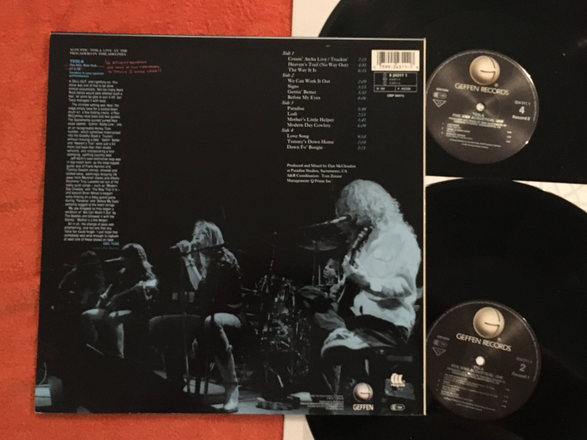 Omslagsbild för skivan TESLA five man acoustical jam 2xLP -90 Ger GEFFEN 924.311.1