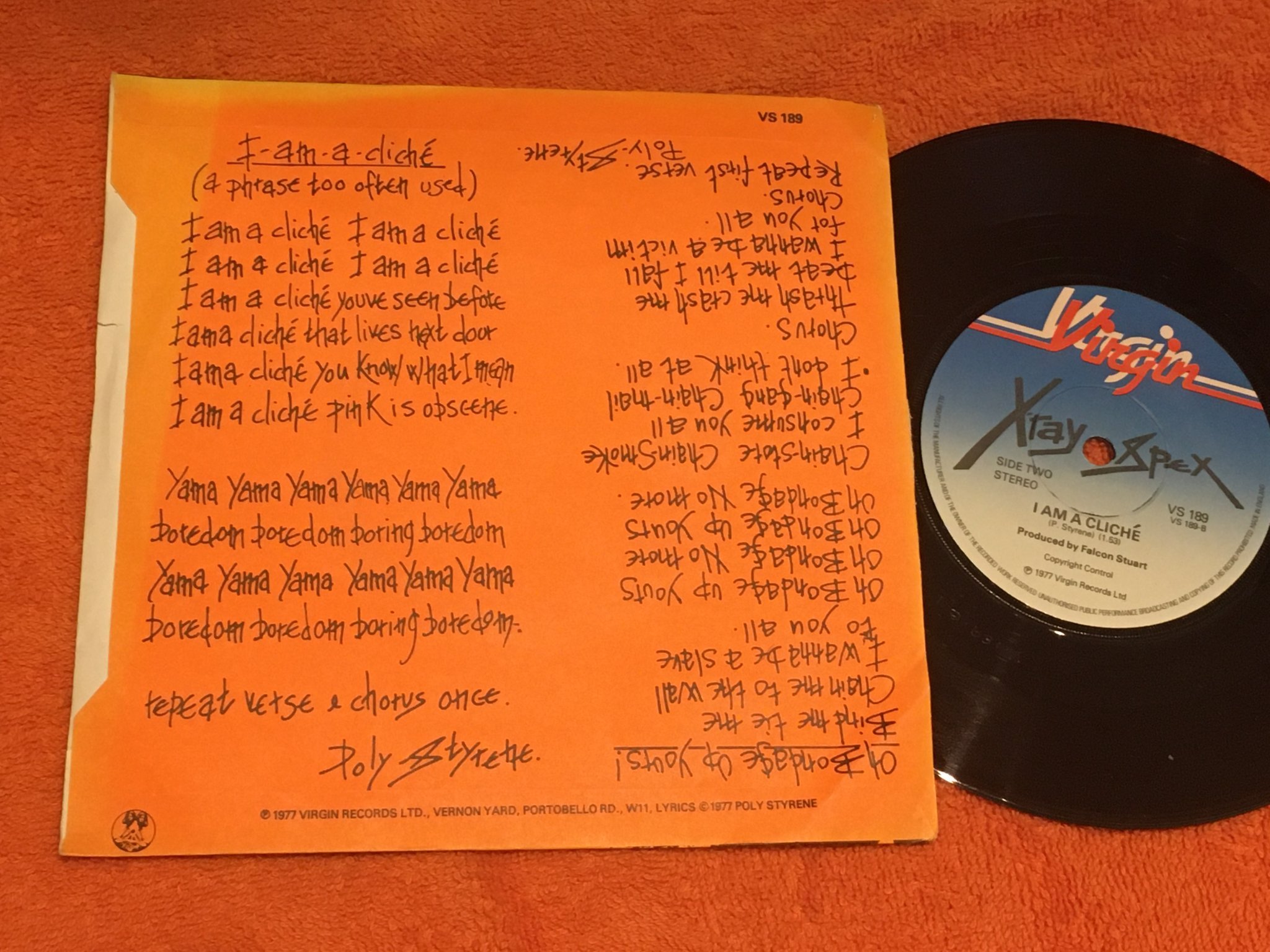 Omslagsbild för skivan XRAY SPEX oh bondage up yours! 7”single -77 UK VIRGIN VS 189