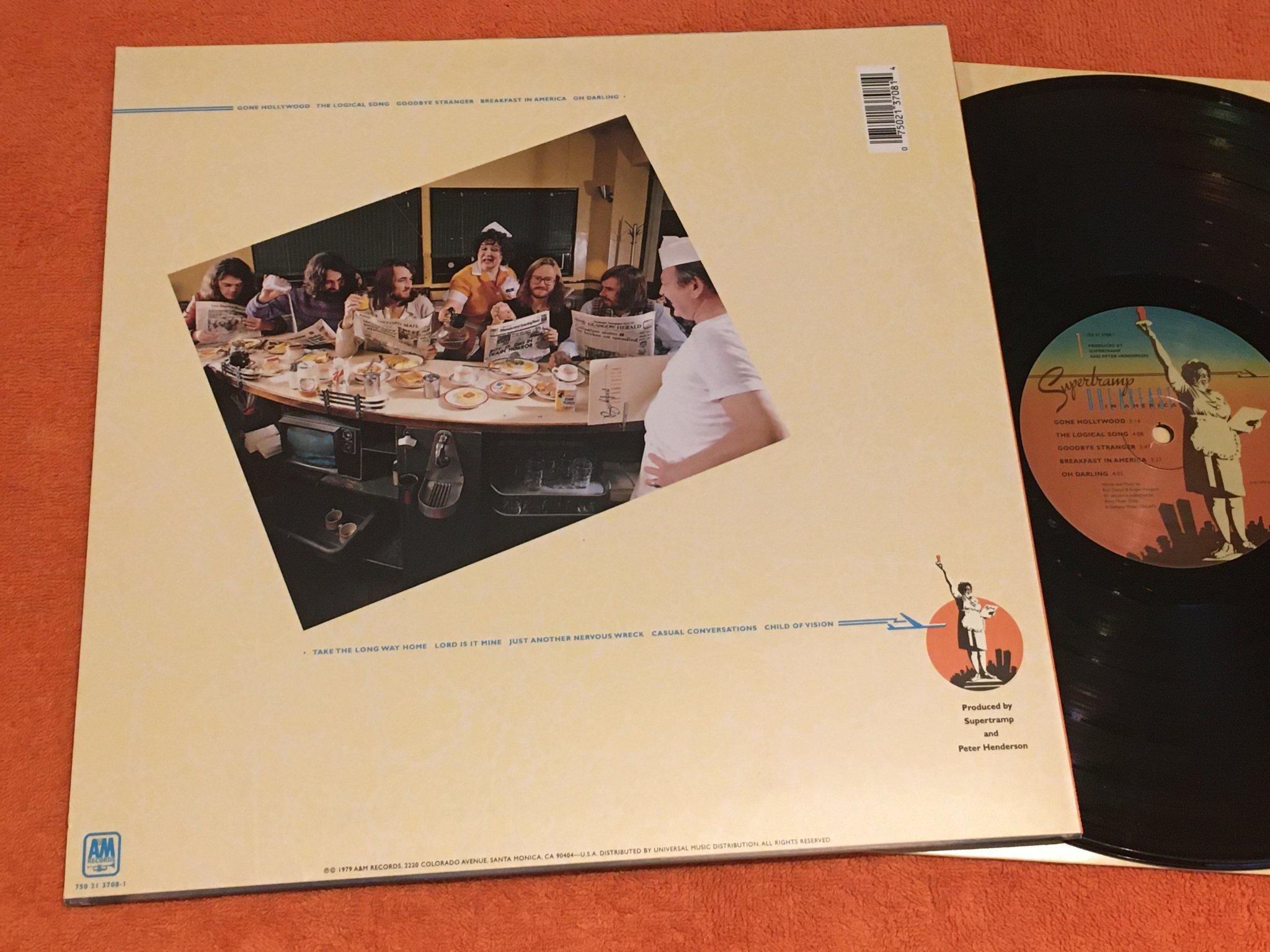 Omslagsbild för skivan SUPERTRAMP Breakfast In America LP US A&M 750 21 3708 1