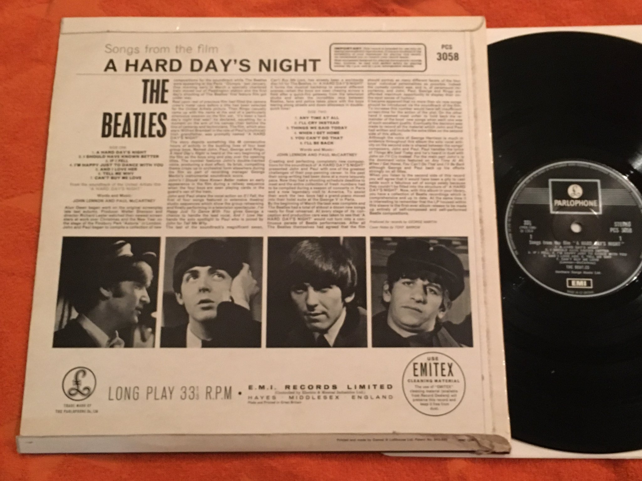 Omslagsbild för skivan THE BEATLES a hard day's night LP -64/71 UK emi/parlophone PCS 3058