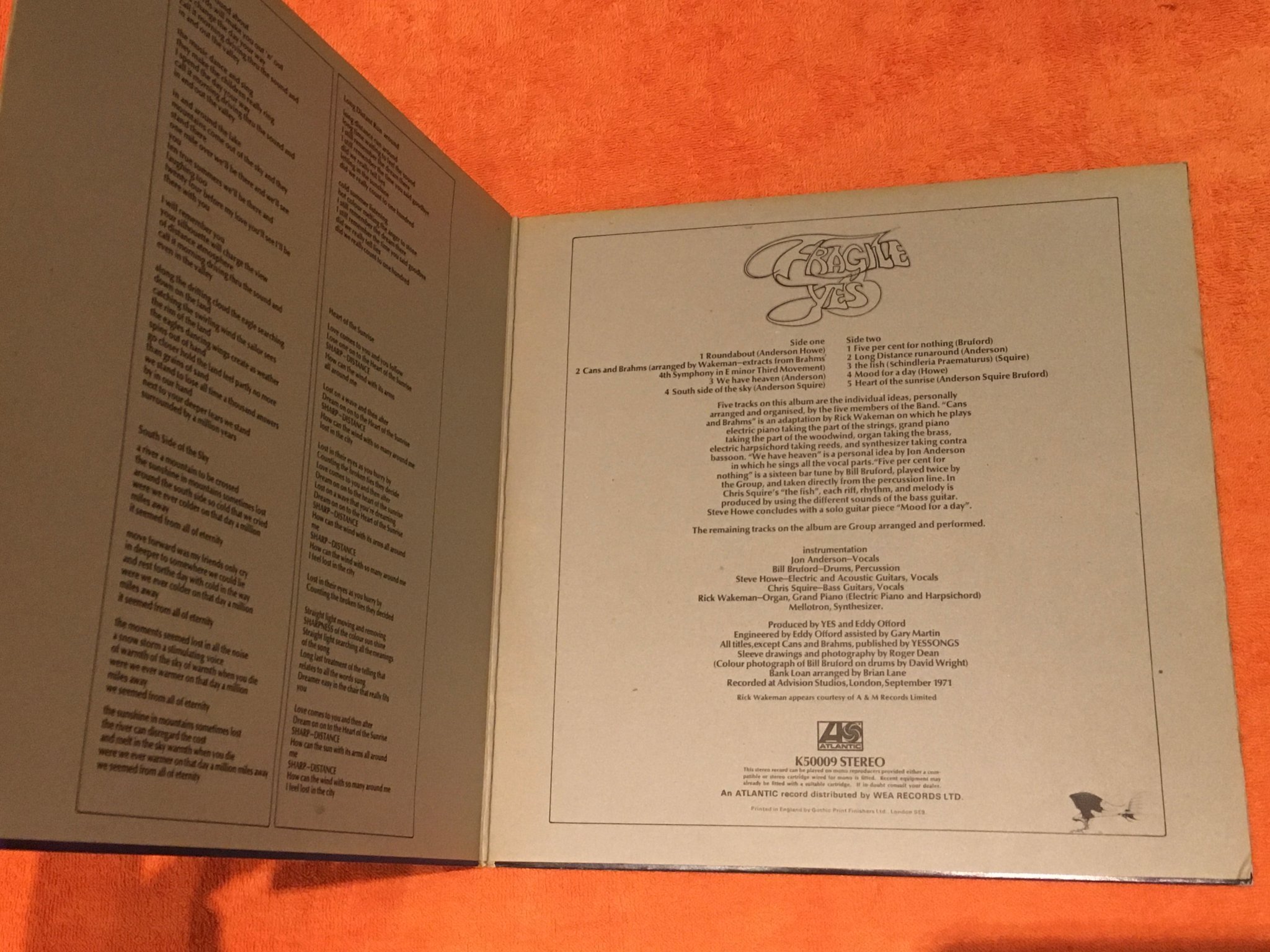 Omslagsbild för skivan YES fragile LP -72 UK ATLANTIC K50009